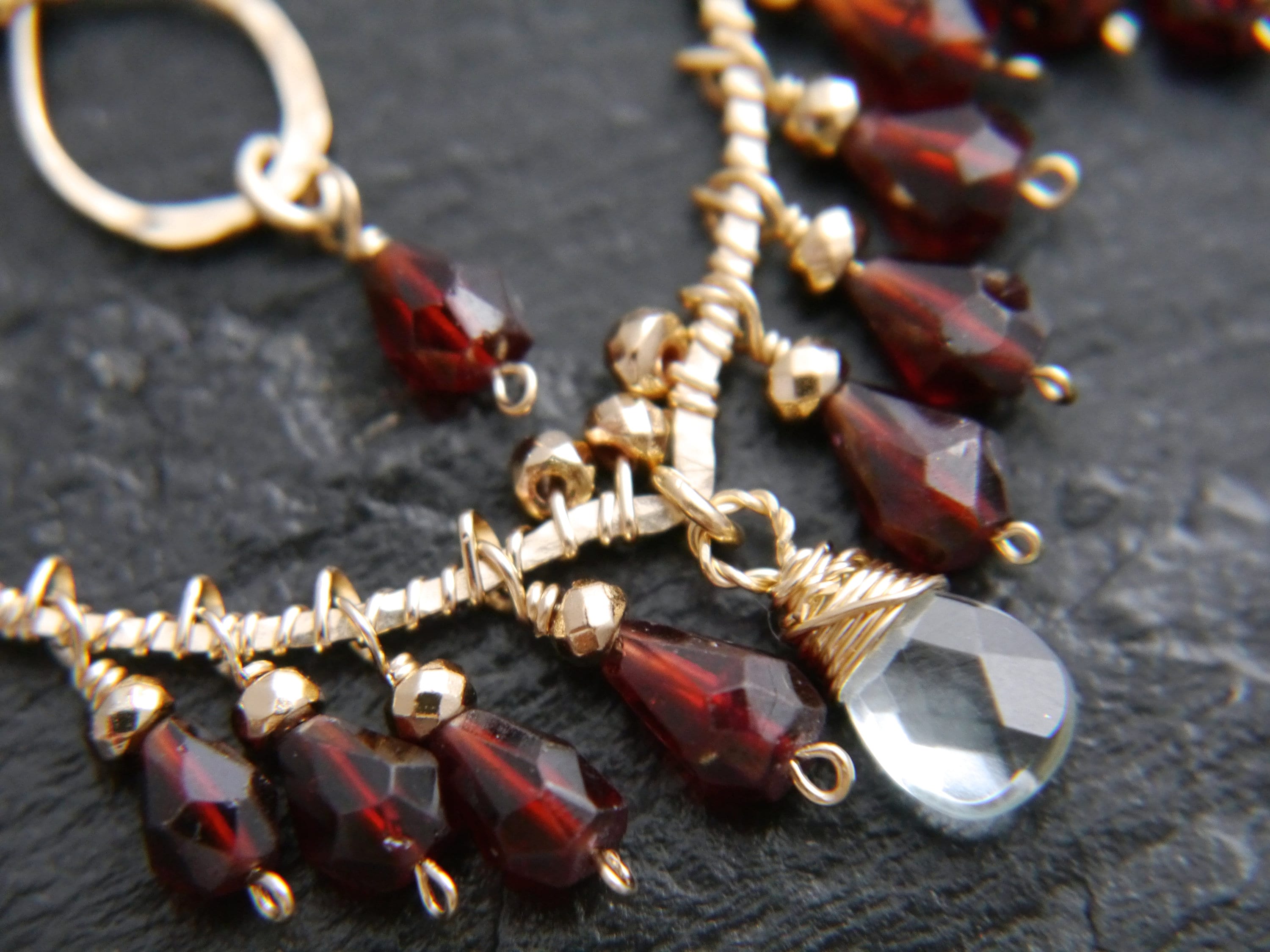 Garnet Aquamarine Boho Chandelier Earrings, 14K Gold Filled Fringe Dangle, Statement Jewelry