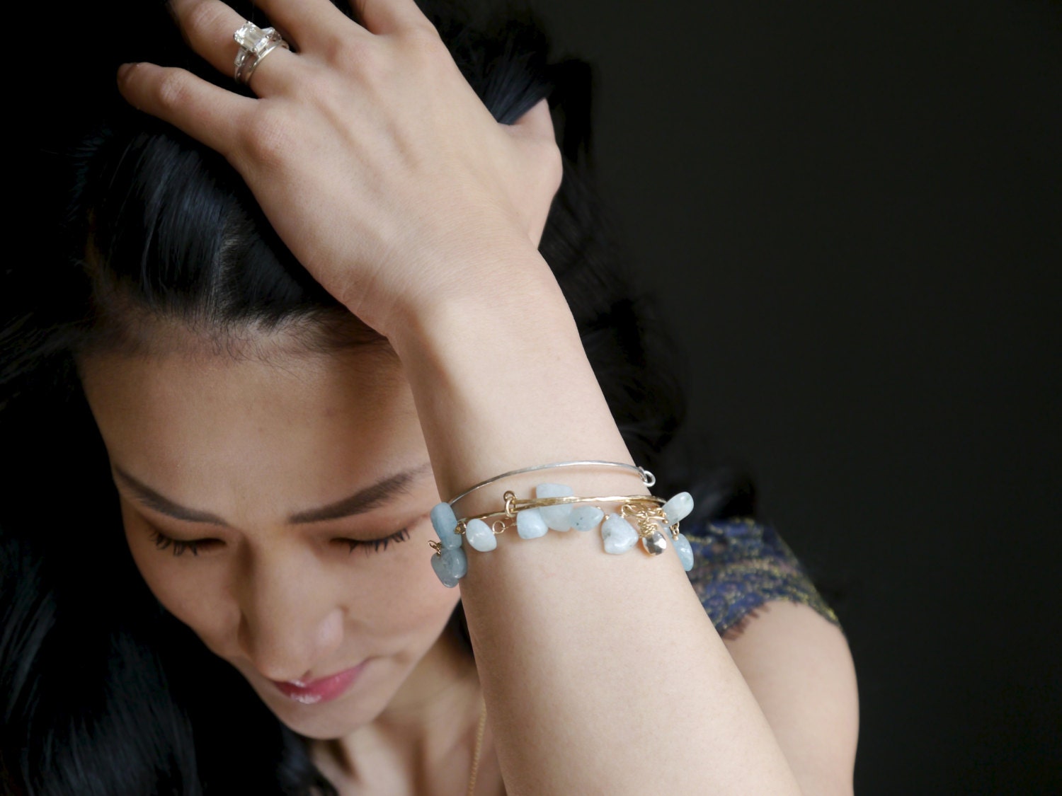 14K Gold Filled Aquamarine Gemstone Bracelet, March Birthstone, Floral Vine Statement Jewelry