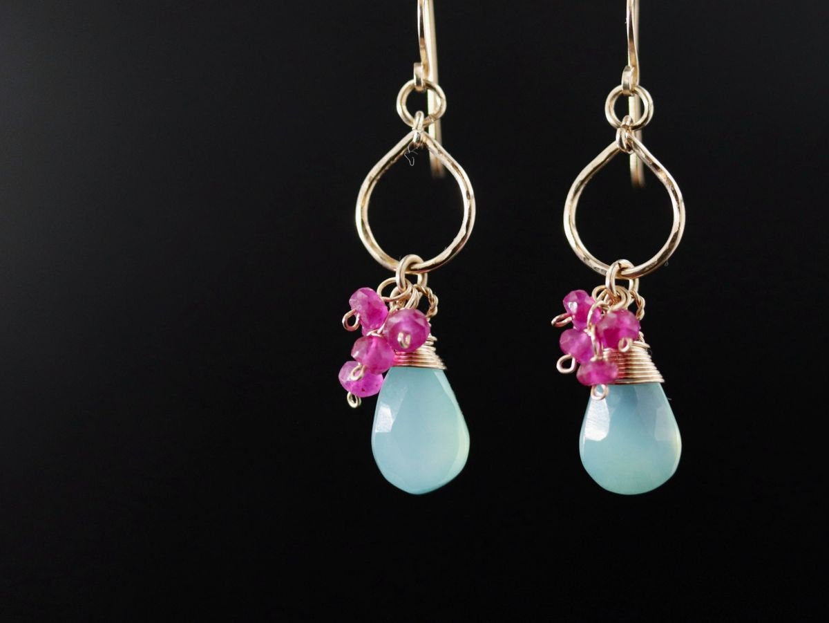Aqua Chalcedony Ruby Floral Gemstone Earrings, 14K Gold Filled Boho Jewelry