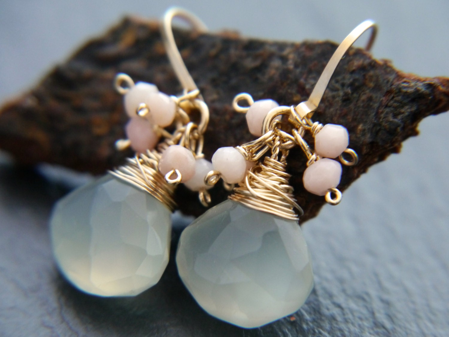 Aqua Chalcedony Pink Opal Floral Cluster Gemstone Earringsr, 14K Gold Filled Bridal