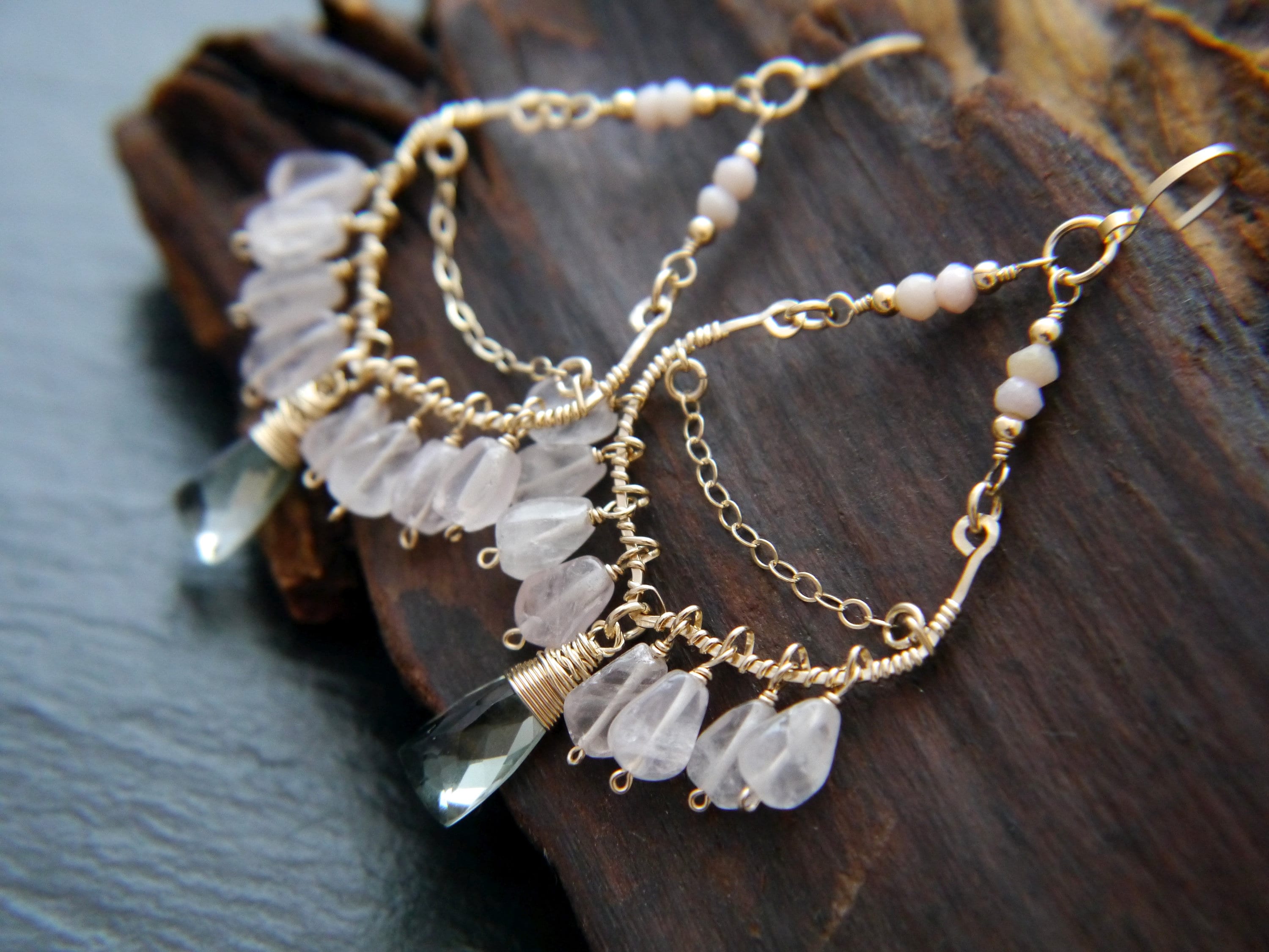 Pink Rose Quartz Bohemian Chandelier Fringe Gemstone Earrings, 14K Gold Filled Boho