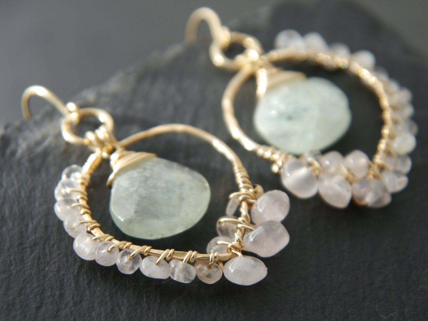 Aquamarine Rose Quartz Floral Chandelier Gemstone Earrings, 14K Gold Filled Wedding