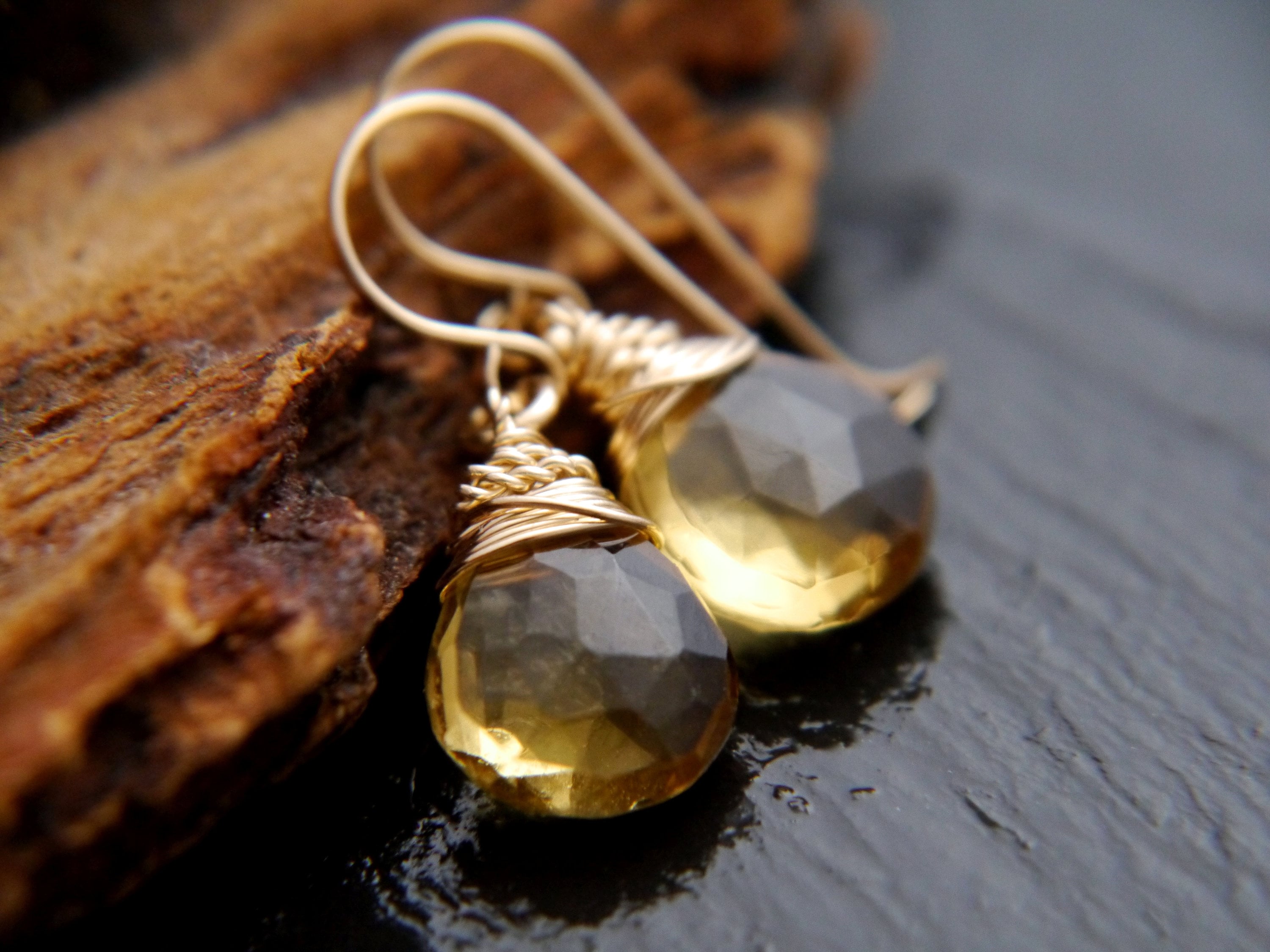 Beer Quartz Drop Earrings, Gold Filled Wire Wrapped Gemstone Wedding Bride