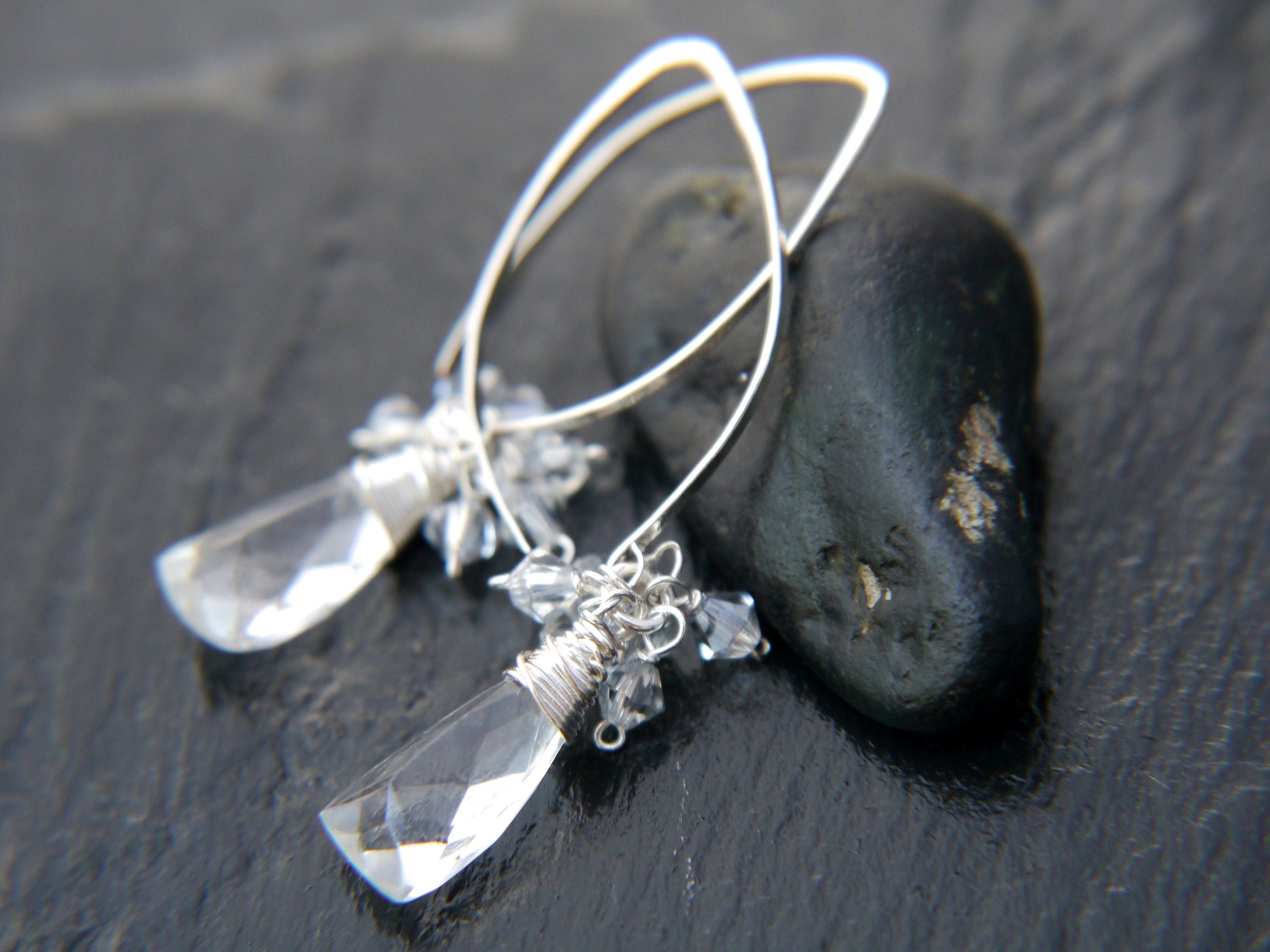 Quartz Crystal Long Hoop Gemstone Earrings, Sterling Silver, Classic Wedding