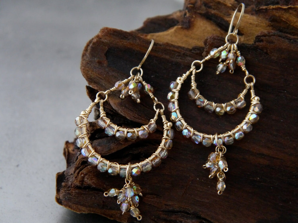 Bridal Chandelier Gold Earrings, 14K Gold Filled Dangle Earrings, Long Earrings, Champagne Czech Glass, Garden Wedding Earrings