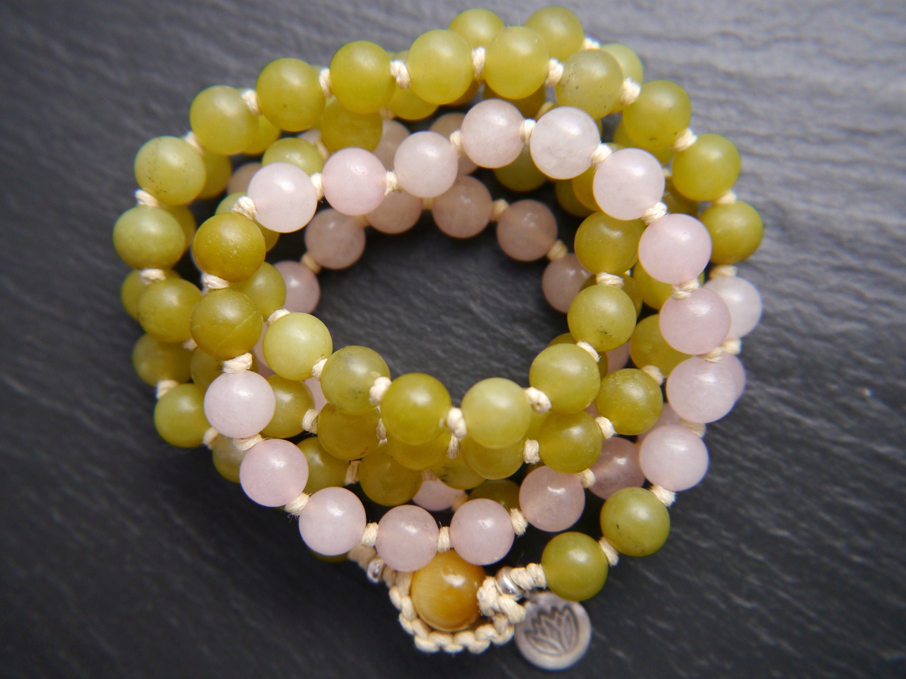 Rose Quartz Serpentine Mala Beads, 108 Gemstone Beads, Wrap, Hand Knotted