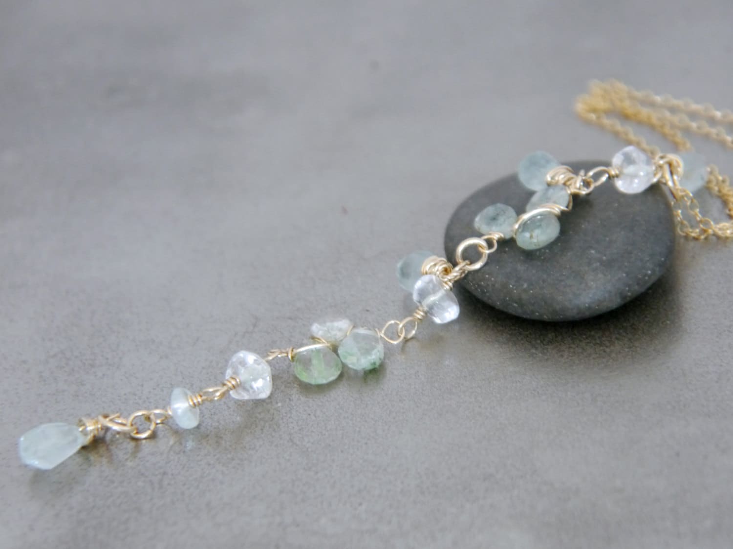 Aquamarine Waterfall Lariat Y Gemstone Necklace, 14K Gold Filled, Bridal
