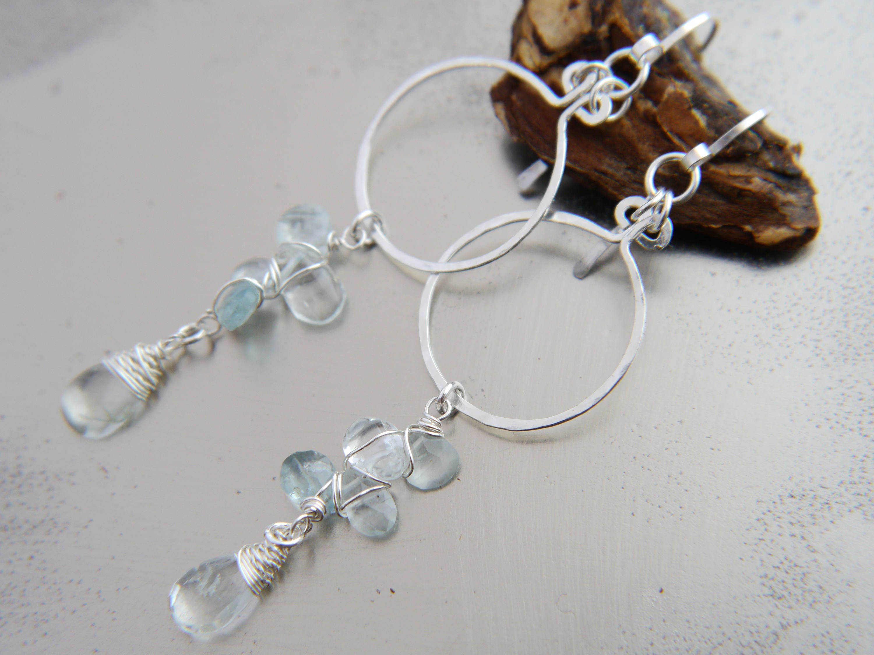 Aquamarine Quartz Long Dangle Gemstone Earrings, Sterling Silver Hoops