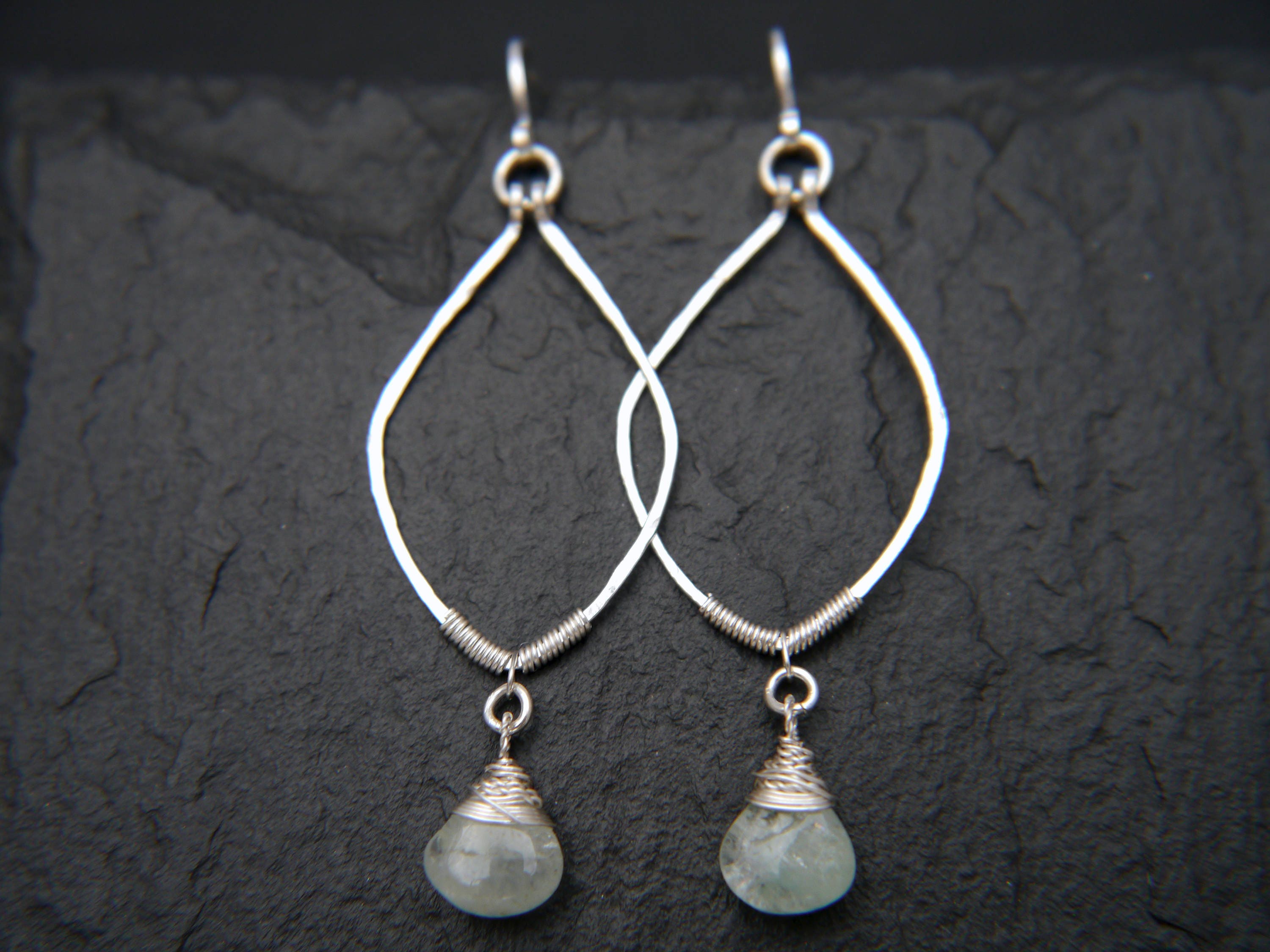 Aquamarine Leaf Dangle Gemstone Earrings, Sterling Silver, Nature Inspired