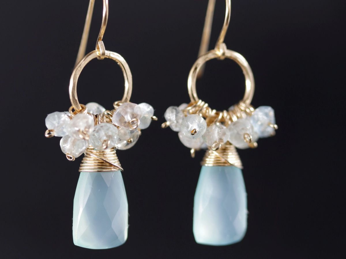 Labradorite Opal Cluster Gemstone Earrings, 14K Gold Filled Bohemian Wedding