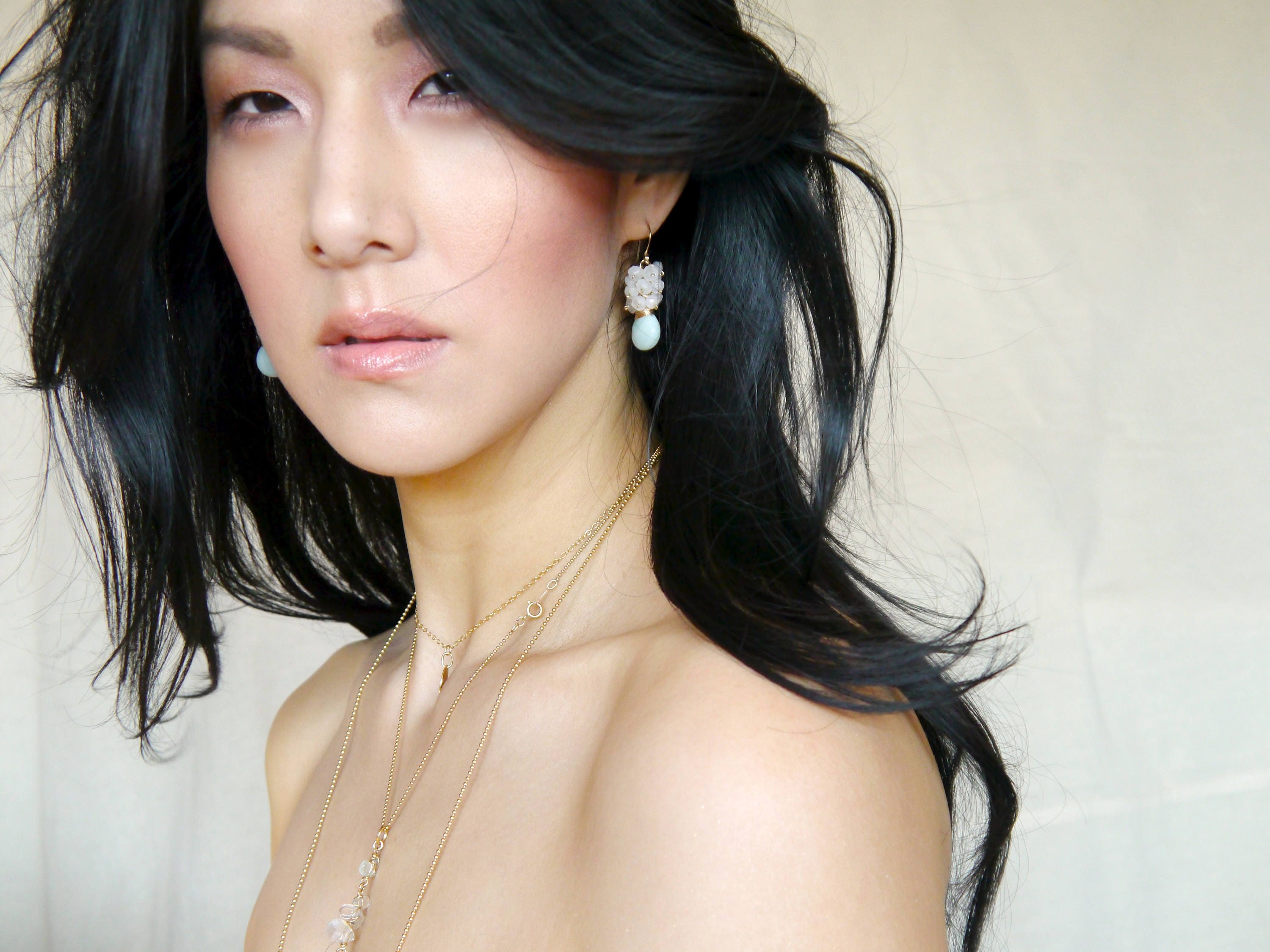Amazonite Rose Quartz Cluster Earrings, 14K Gold Filled Floral Dangle, Garden Wedding