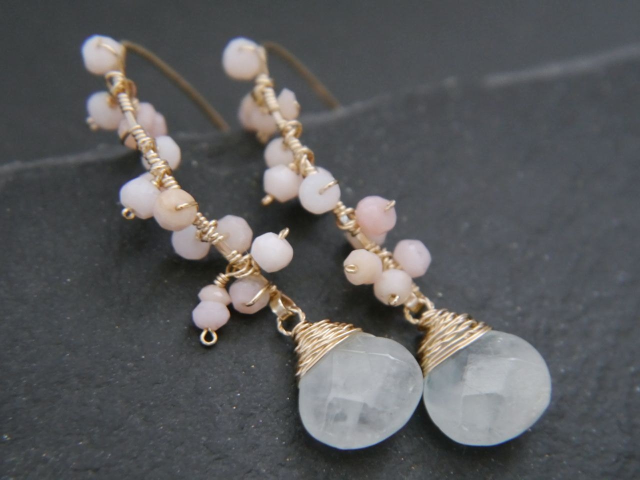 Aquamarine Pink Opal Floral Gemstone Earrings, 14K Gold Filled Ethereal Bride