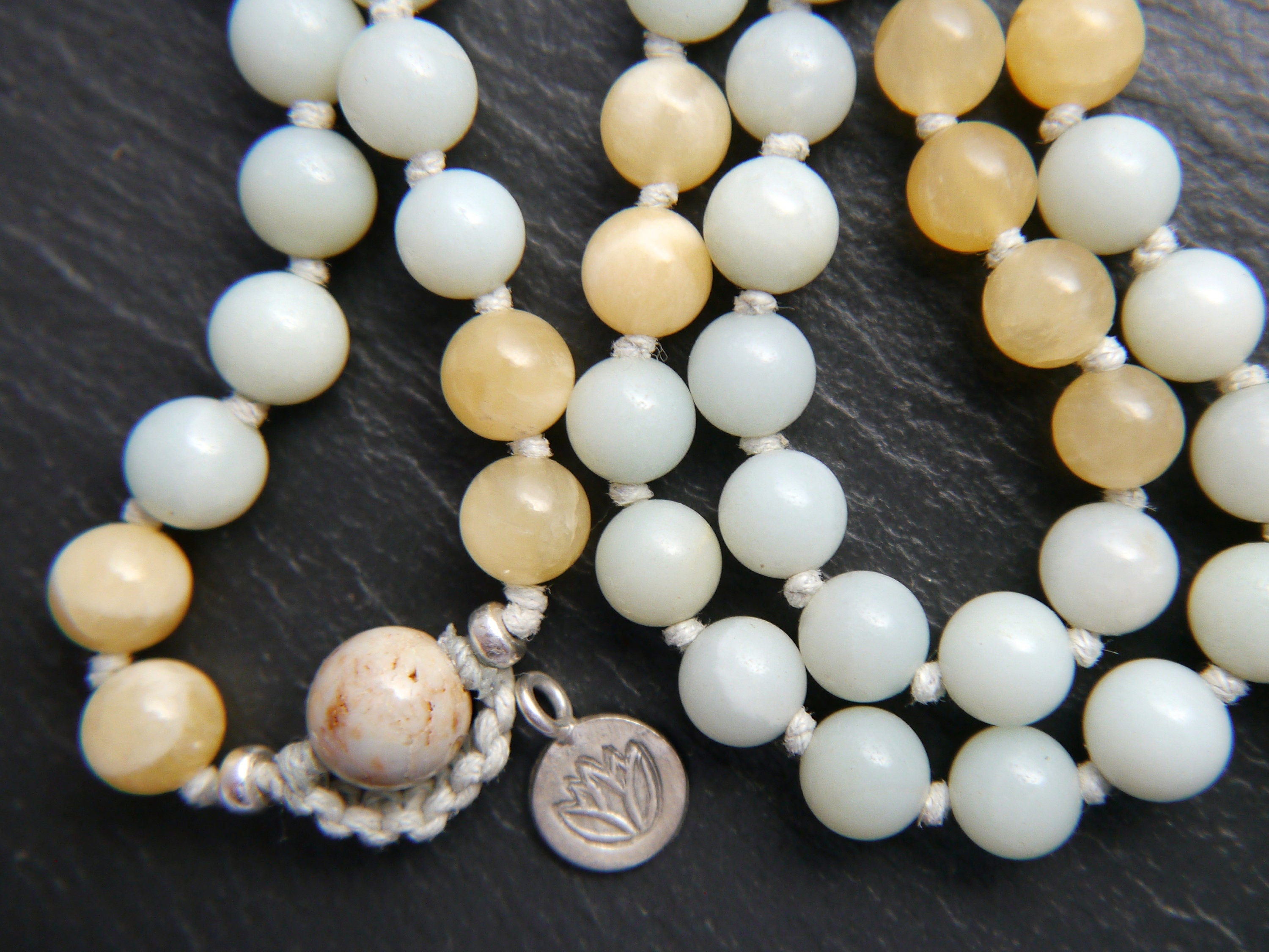 Blue Amazonite Yellow Quartz Mala Beads, 108 Gemstone Beads, Wrap, Hand Knotted