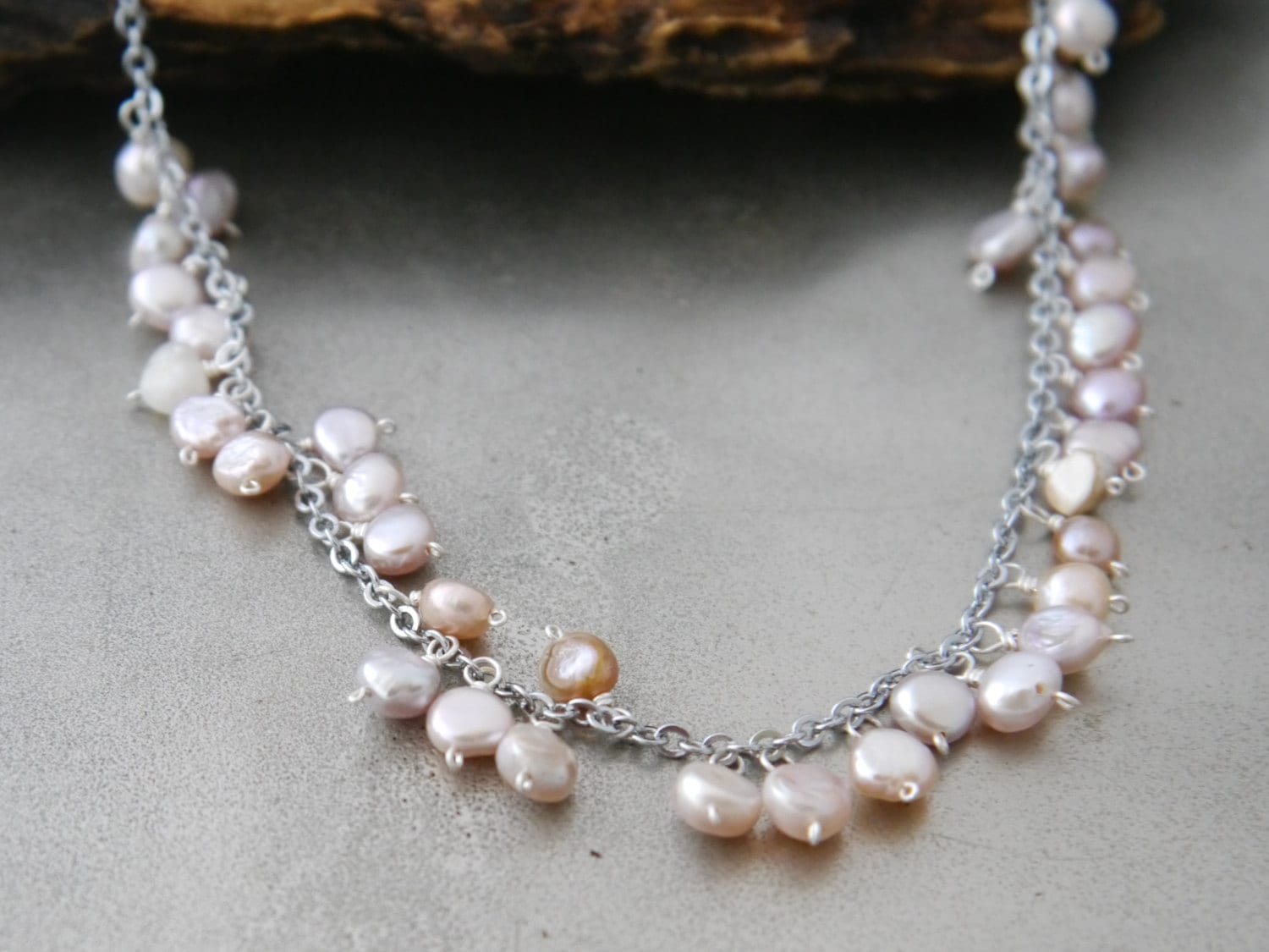Pink Freshwater Pearl Floral Vine Gemstone Necklace, Sterling Silver, Wedding Jewelry