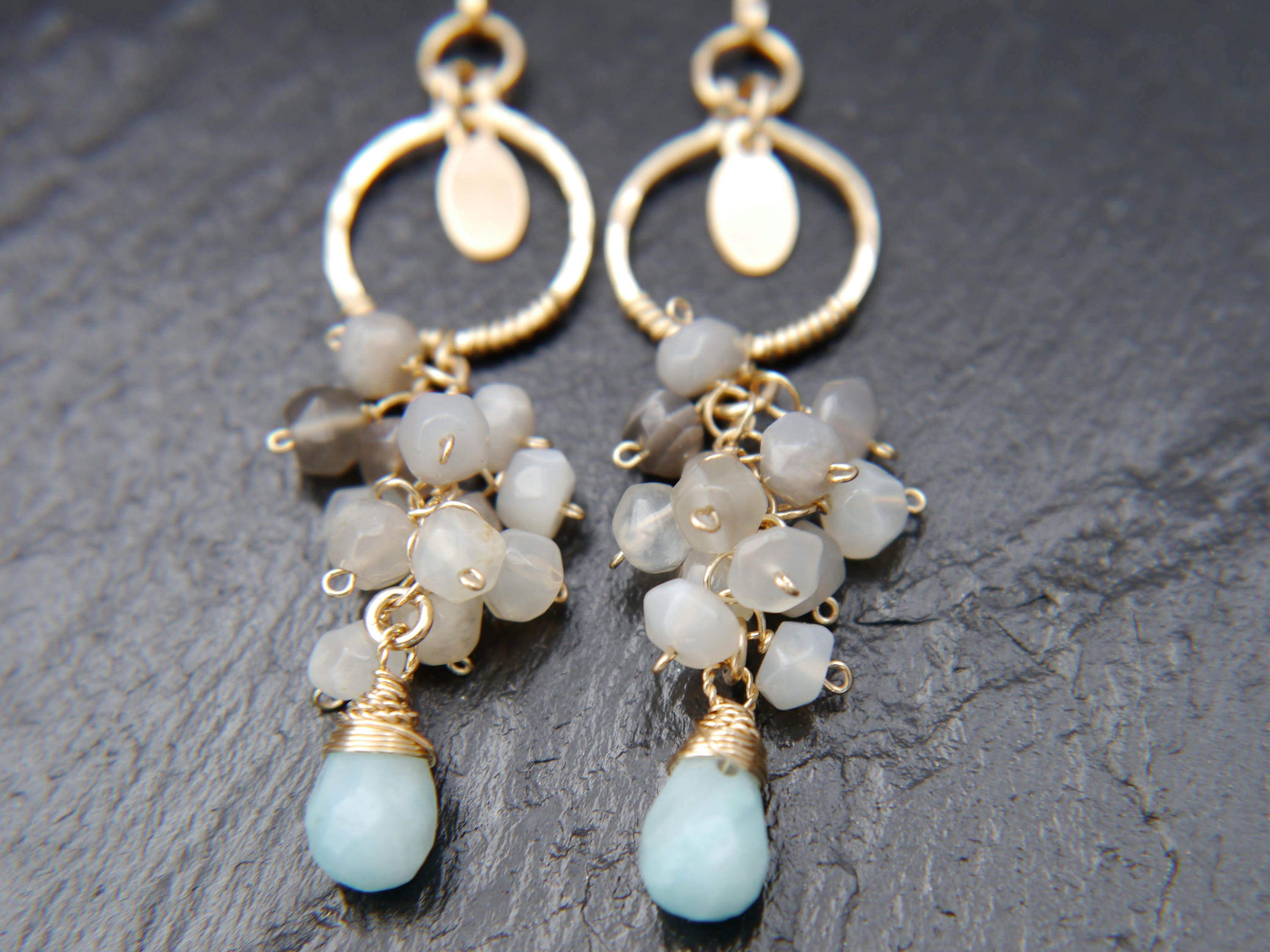 Moonstone Amazonite Cluster Gemstone Earrings 14K Gold Filled Nature Inspired