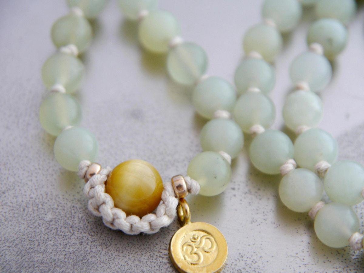 Sea Green Serpentine Mala Beads, 108 Gemstone Beads, Wrap, Hand Knotted
