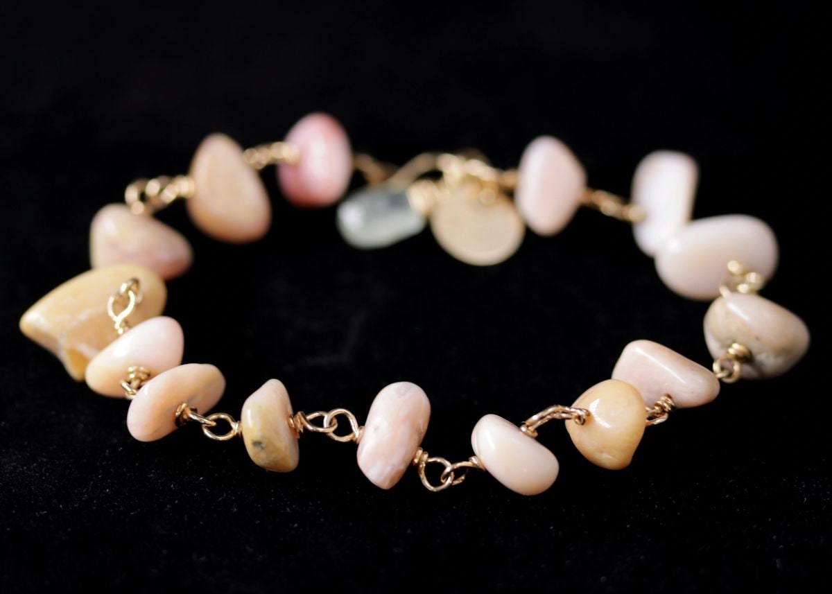 Pink Opal Aquamarine 14K Gold Filled Gemstone Bracelet, Pastel Beaded Jewelry