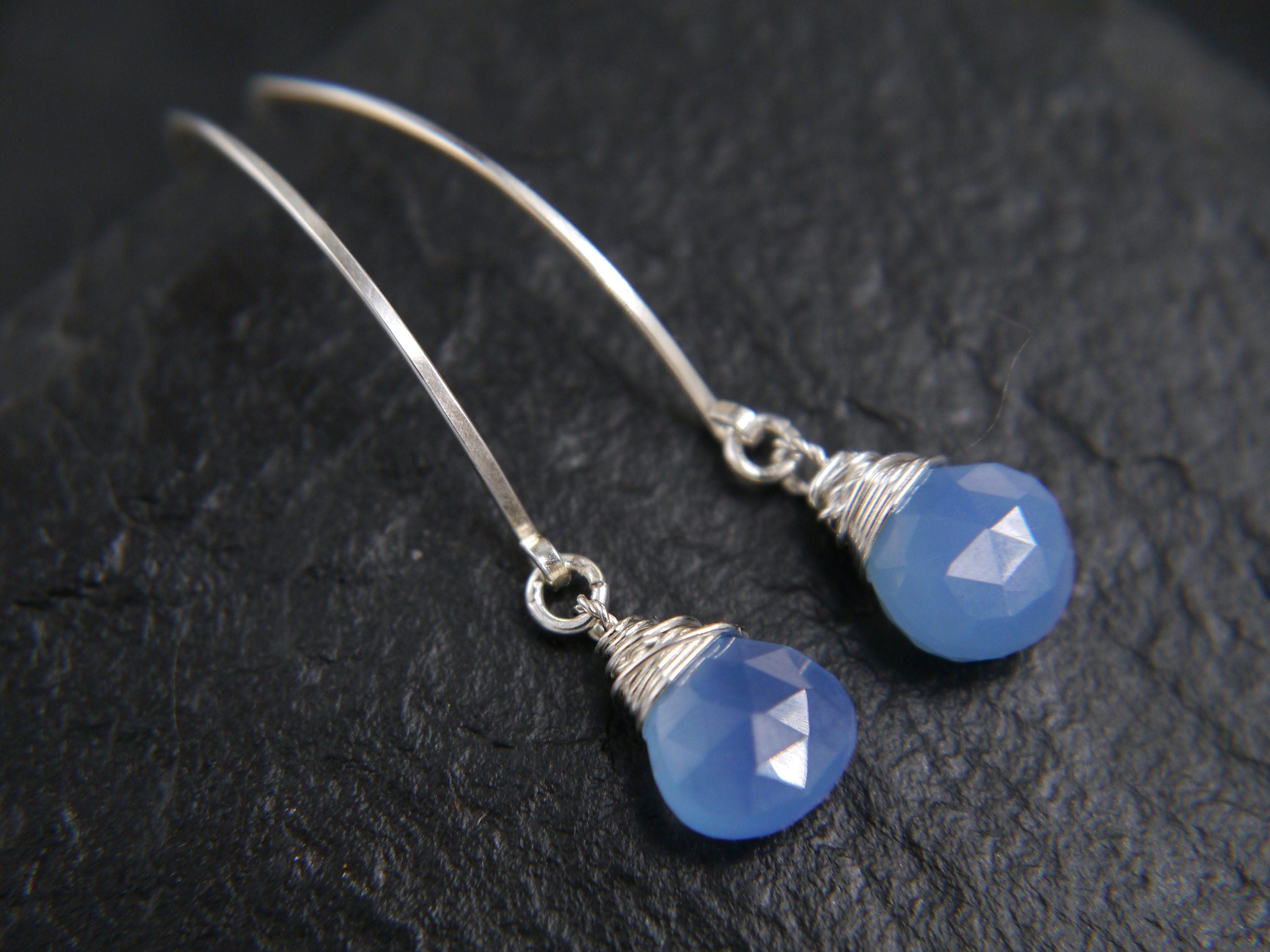 Aqua Chalcedony Long Hoop Dangle Gemstone Earrings, Sterling Silver