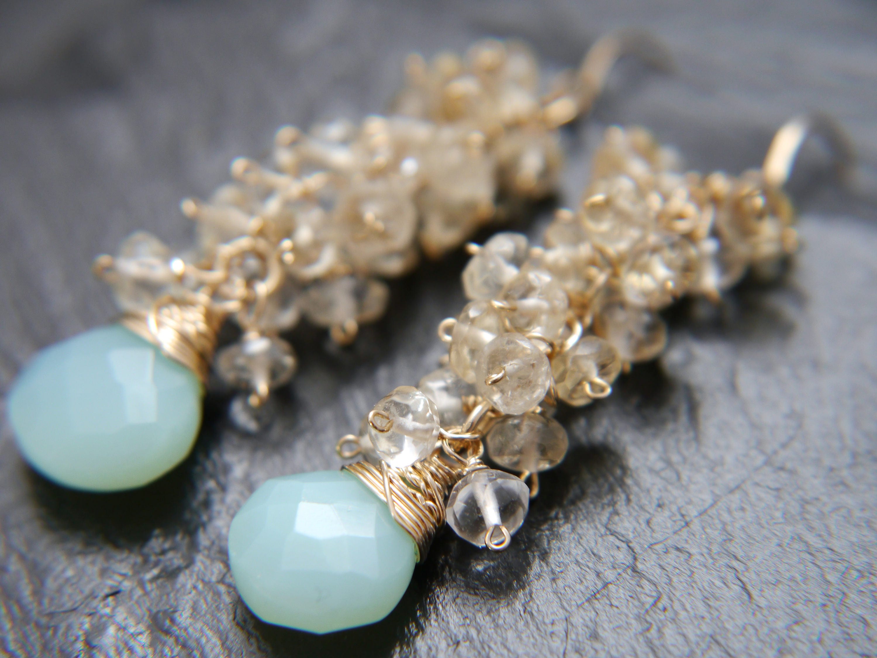 Aqua Chalcedony Citrine Cluster Vine Gemstone Earrings, 14K Gold Filled Bohemian Chic
