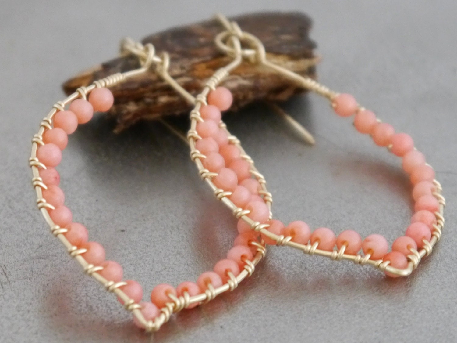 Pink Coral Dangle Gemstone Earrings, 14K Gold Filled Bohemian Style