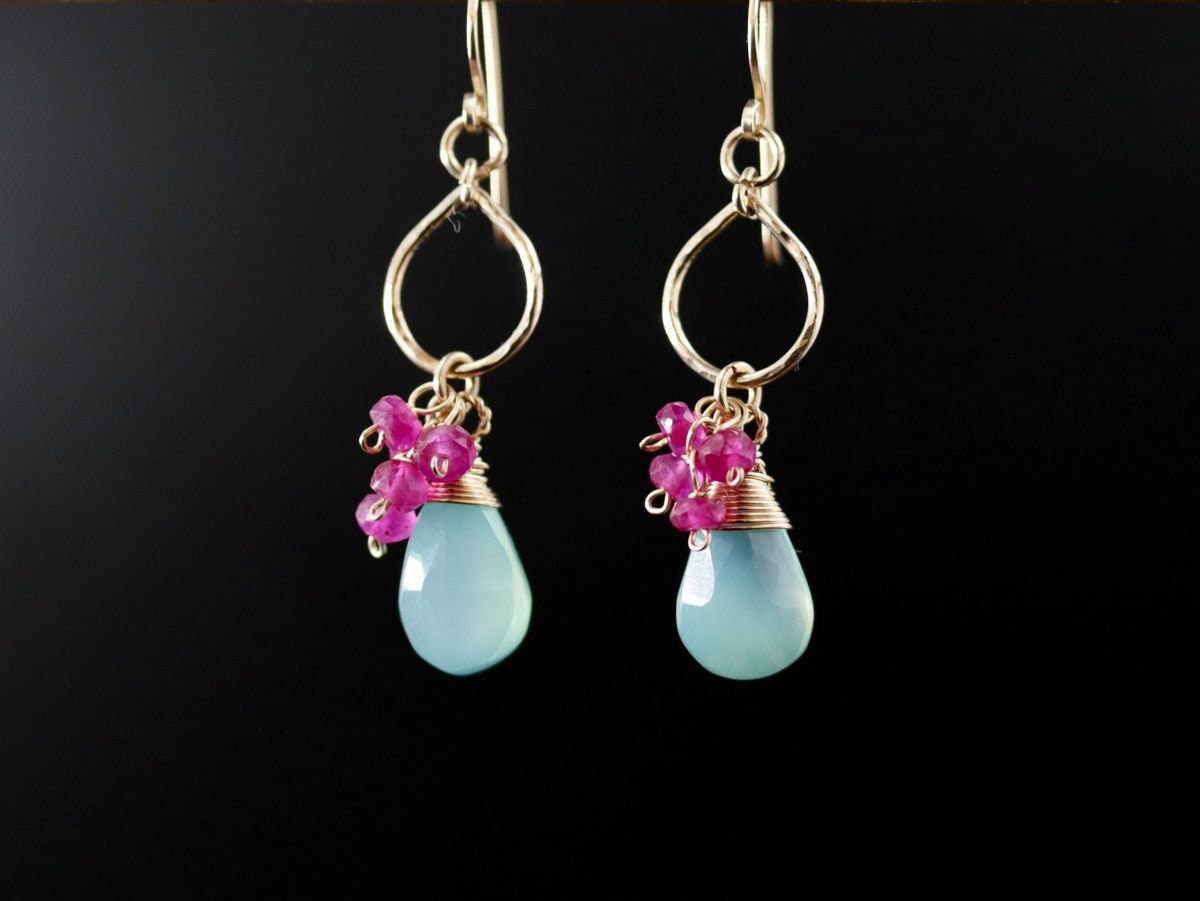 Aqua Chalcedony Ruby Floral Gemstone Earrings, 14K Gold Filled Boho Jewelry