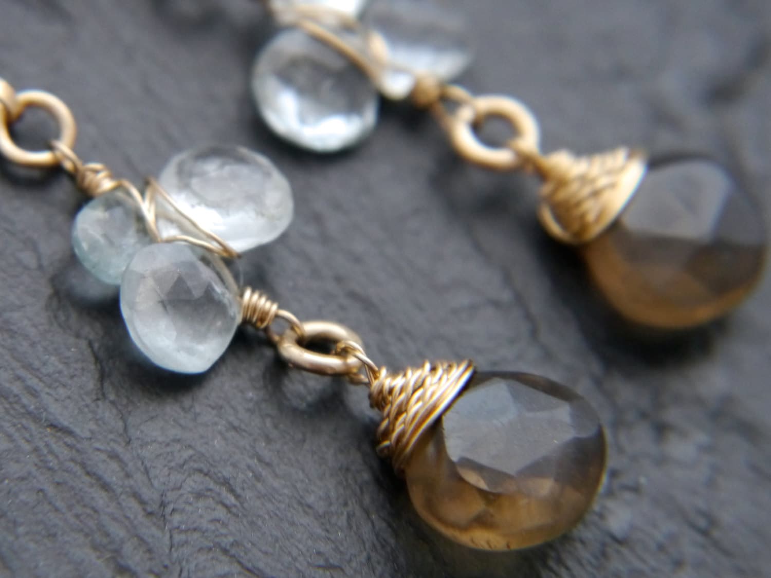 Aquamarine Labradorite Dangle Floral Gemstone Earrings, 14K Gold Filled Wedding