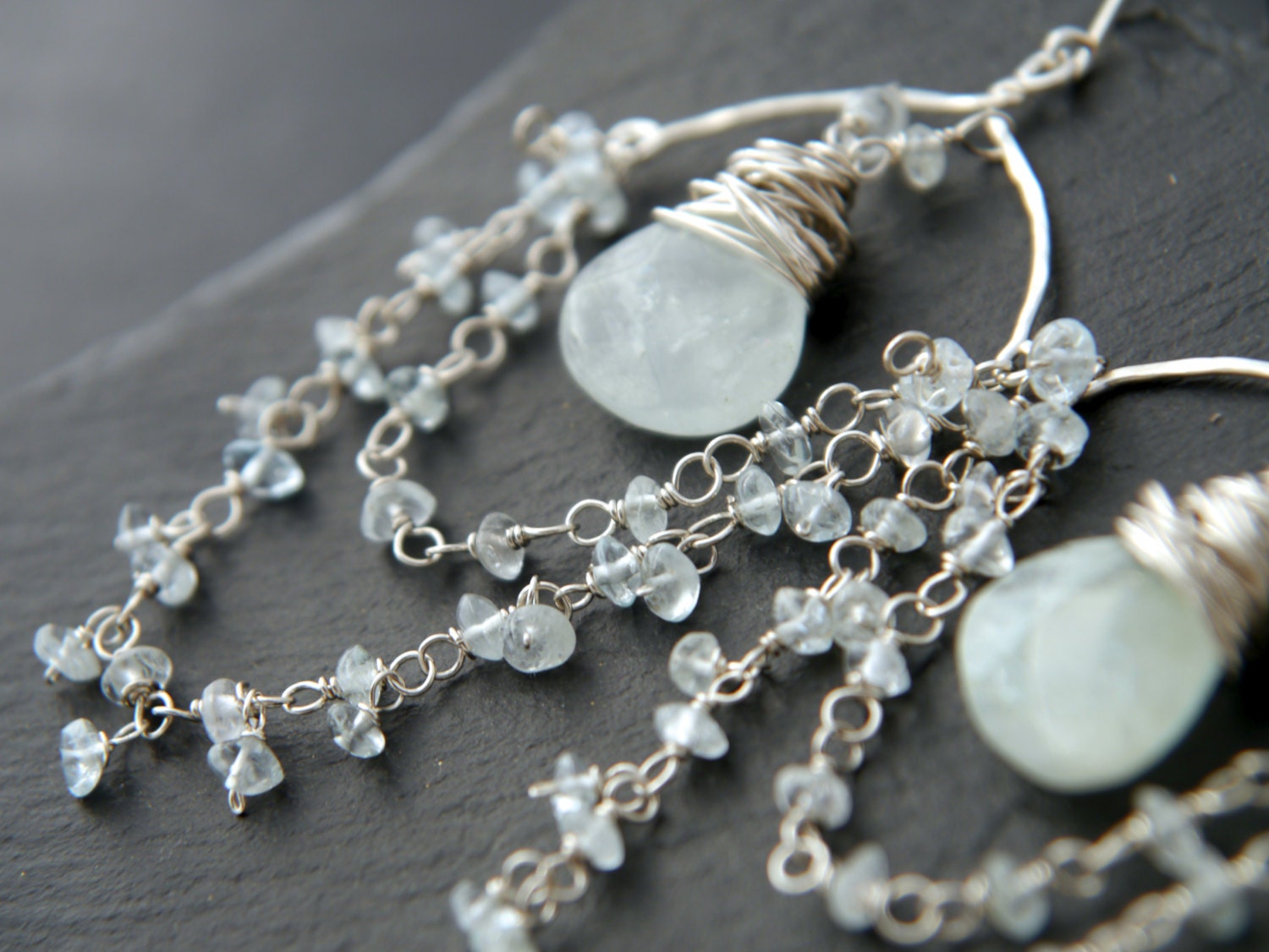 Aquamarine Chandelier Fringe Gemstone Earrings, Sterling Silver Bridal Jewelry