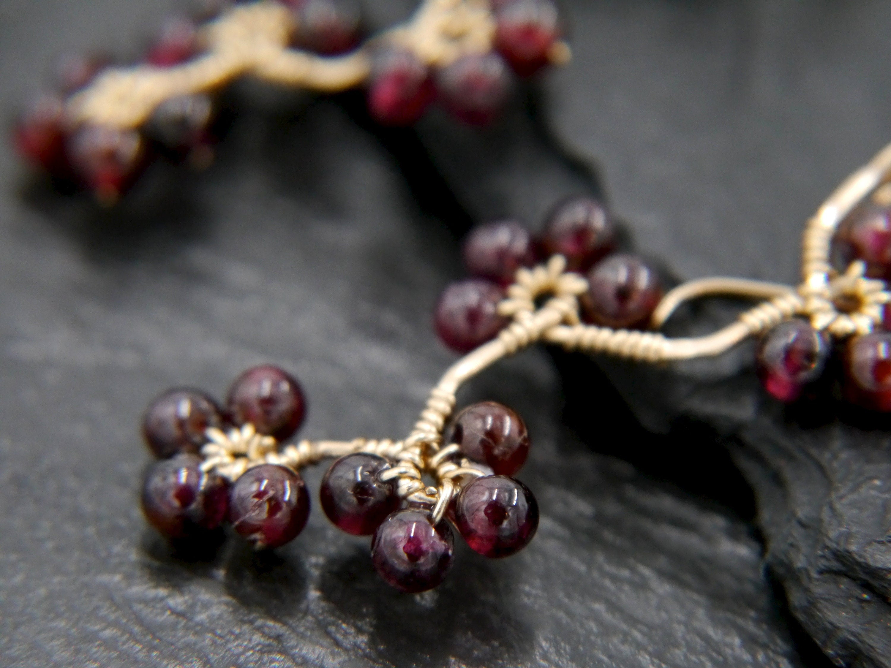 Garnet Floral Dangle Gemstone Earrings, 14K Gold Filled Artisan Heirloom