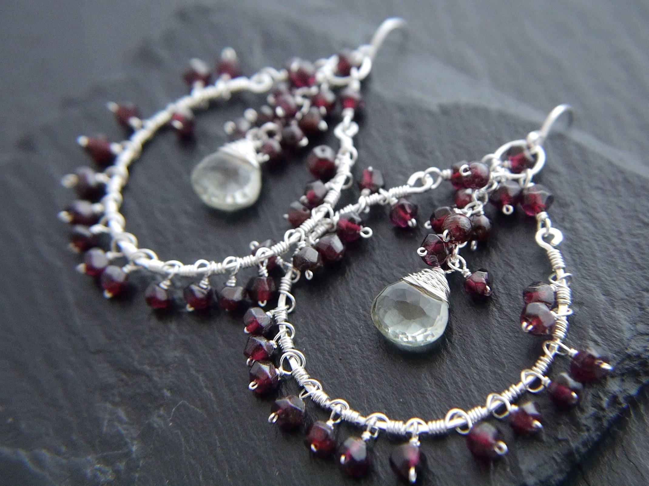 Garnet Chandelier Fringe Hoop Gemstone Earrings, Sterling Silver, Bohemian Style