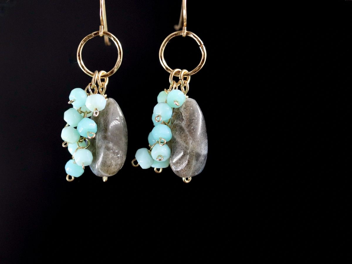 Labradorite Blue Opal Dangle Gemstone Earrings, 14K Gold Filled Celestial Style
