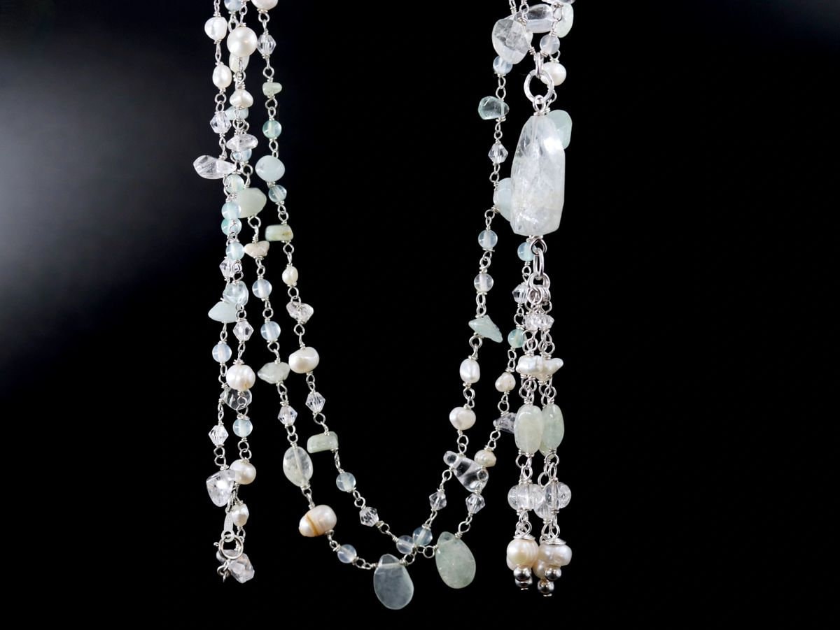 Aquamarine Pearl Rosary Chain Lariat Y Gemstone Necklace, Sterling Silver, Bohemian