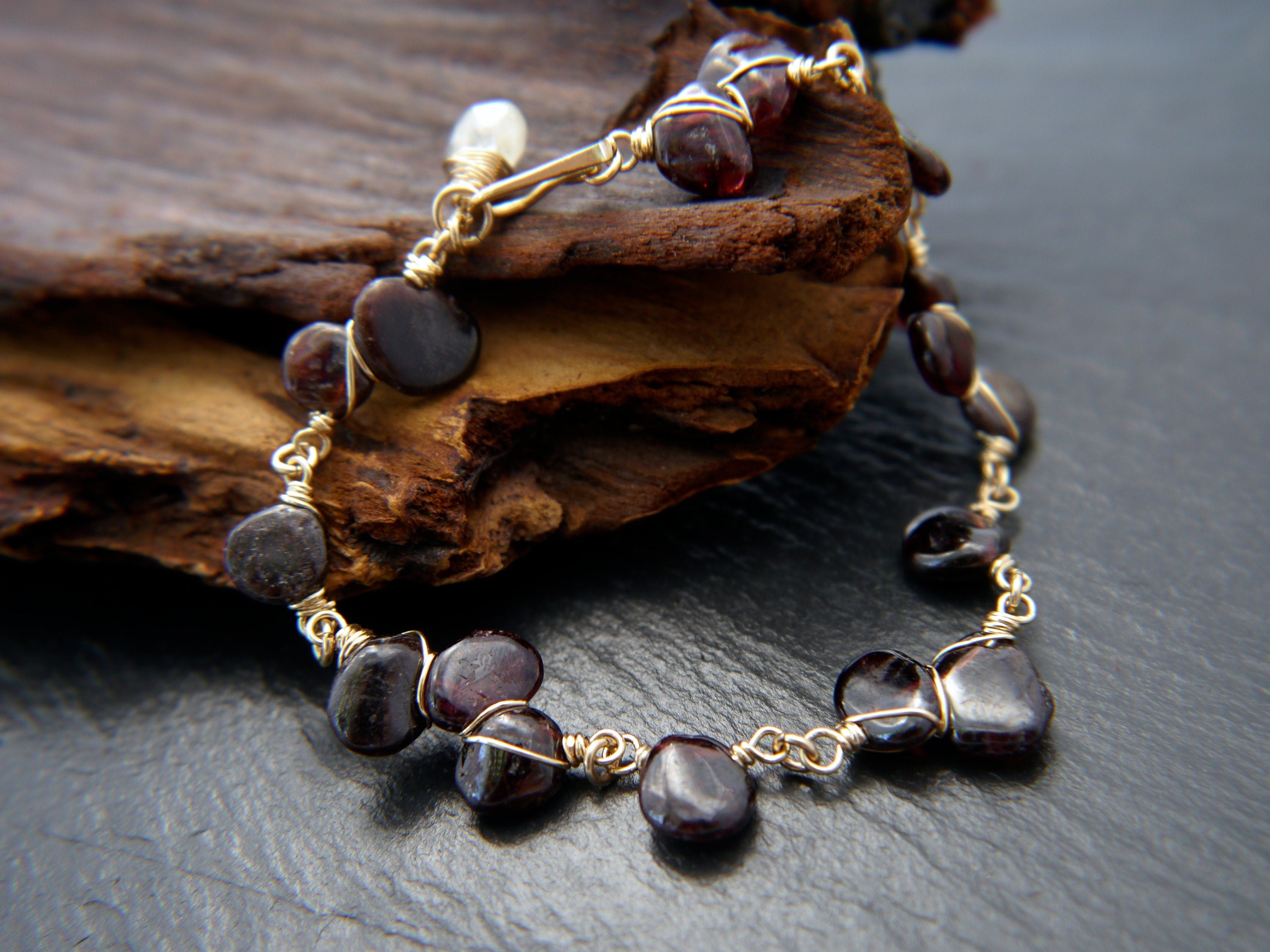 Garnet Aquamarine Gemstone Bracelet, 14K Gold Filled Jewelry, January March Birthstone