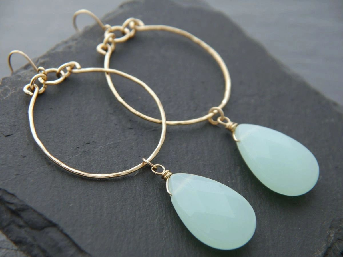 Aqua Chalcedony Teardrop Hoop Gemstone Earrings, 14K Gold Filled