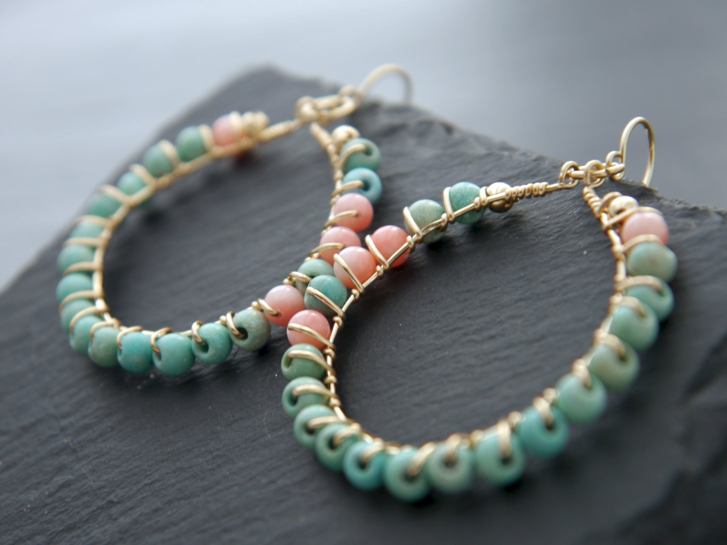 Turquoise Magnesite Coral Hoop Gemstone Earrings, 14K Gold Filled Bohemian Style