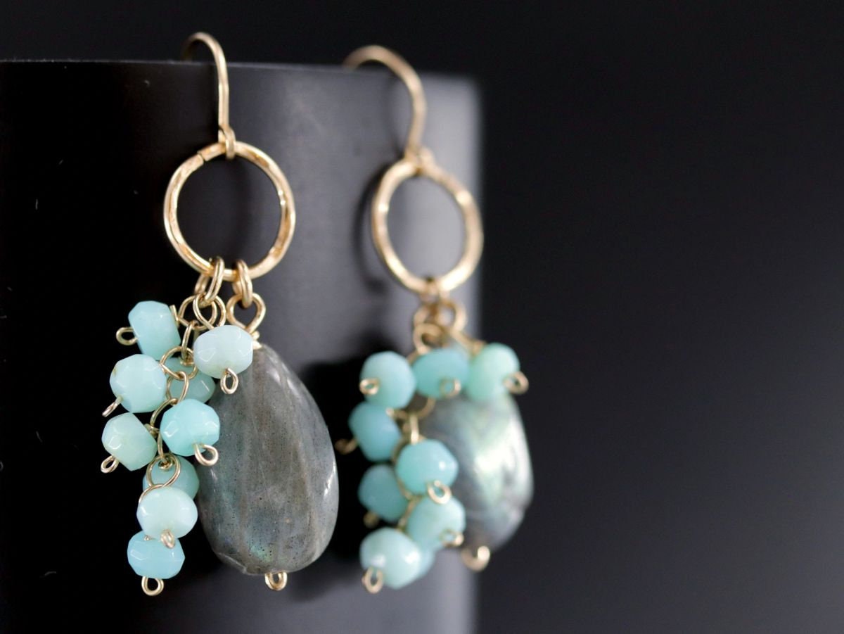 Labradorite Blue Opal Dangle Gemstone Earrings, 14K Gold Filled Celestial Style