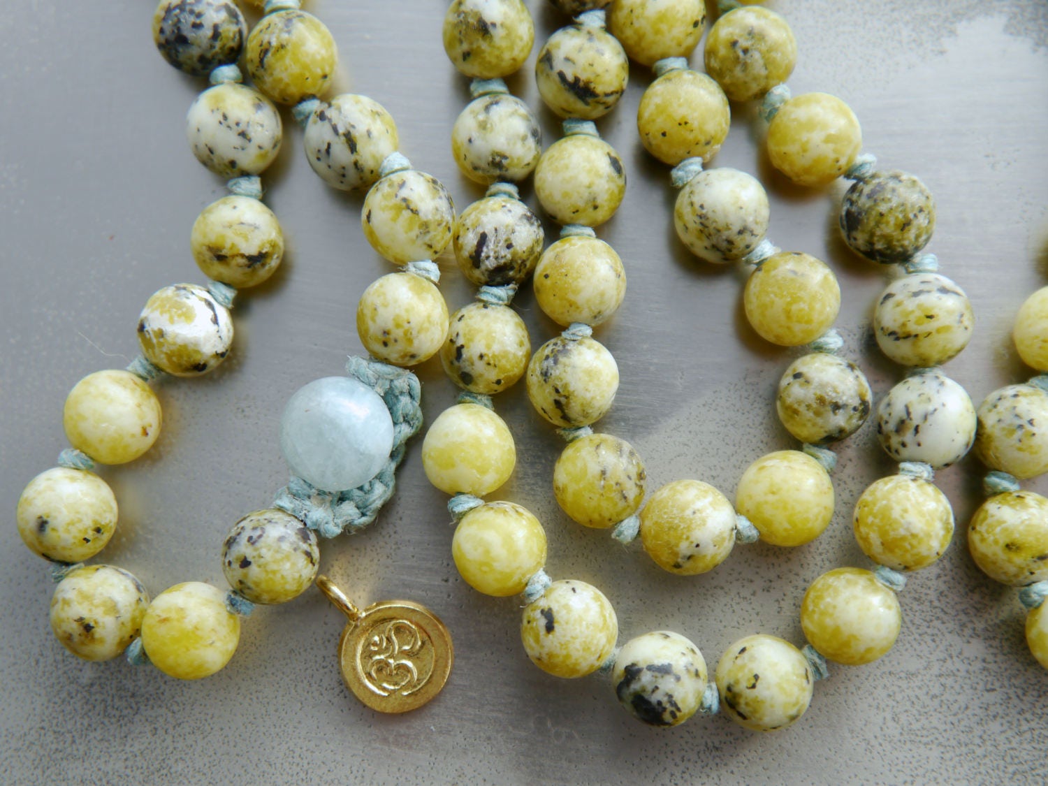 Yellow Turquoise Aquamarine Mala Beads, 108 Gemstone Beads, Wrap, Hand Knotted