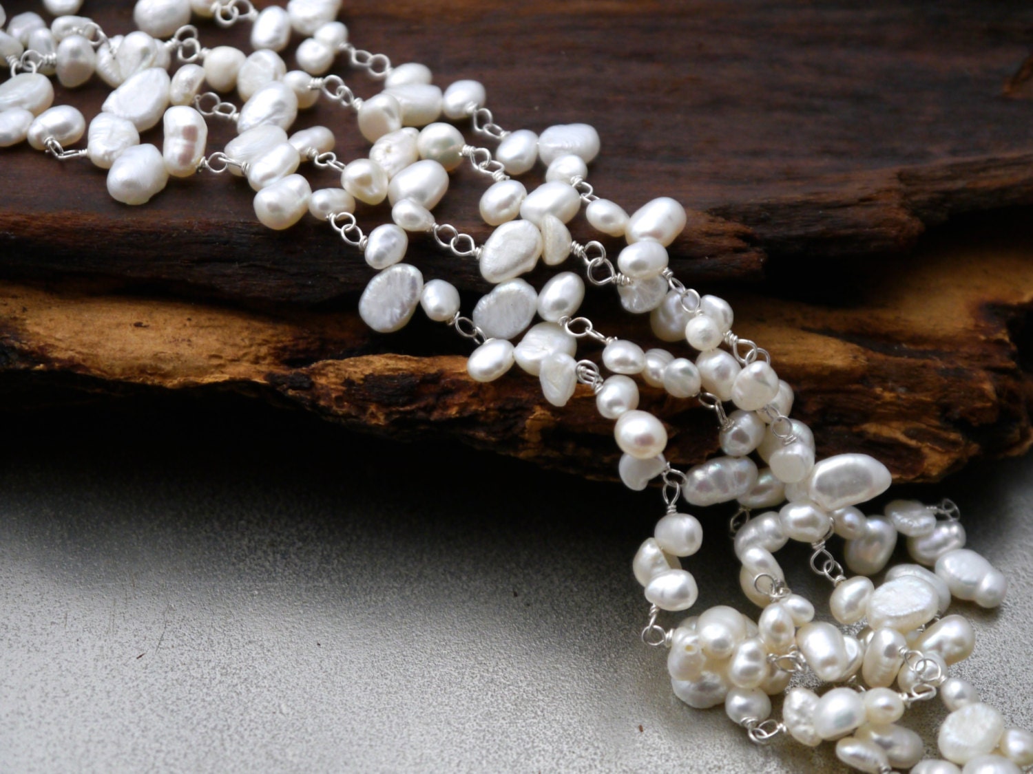 Long White Freshwater Pearl Wedding Necklace, Sterling Silver, Bohemian Bridal Style