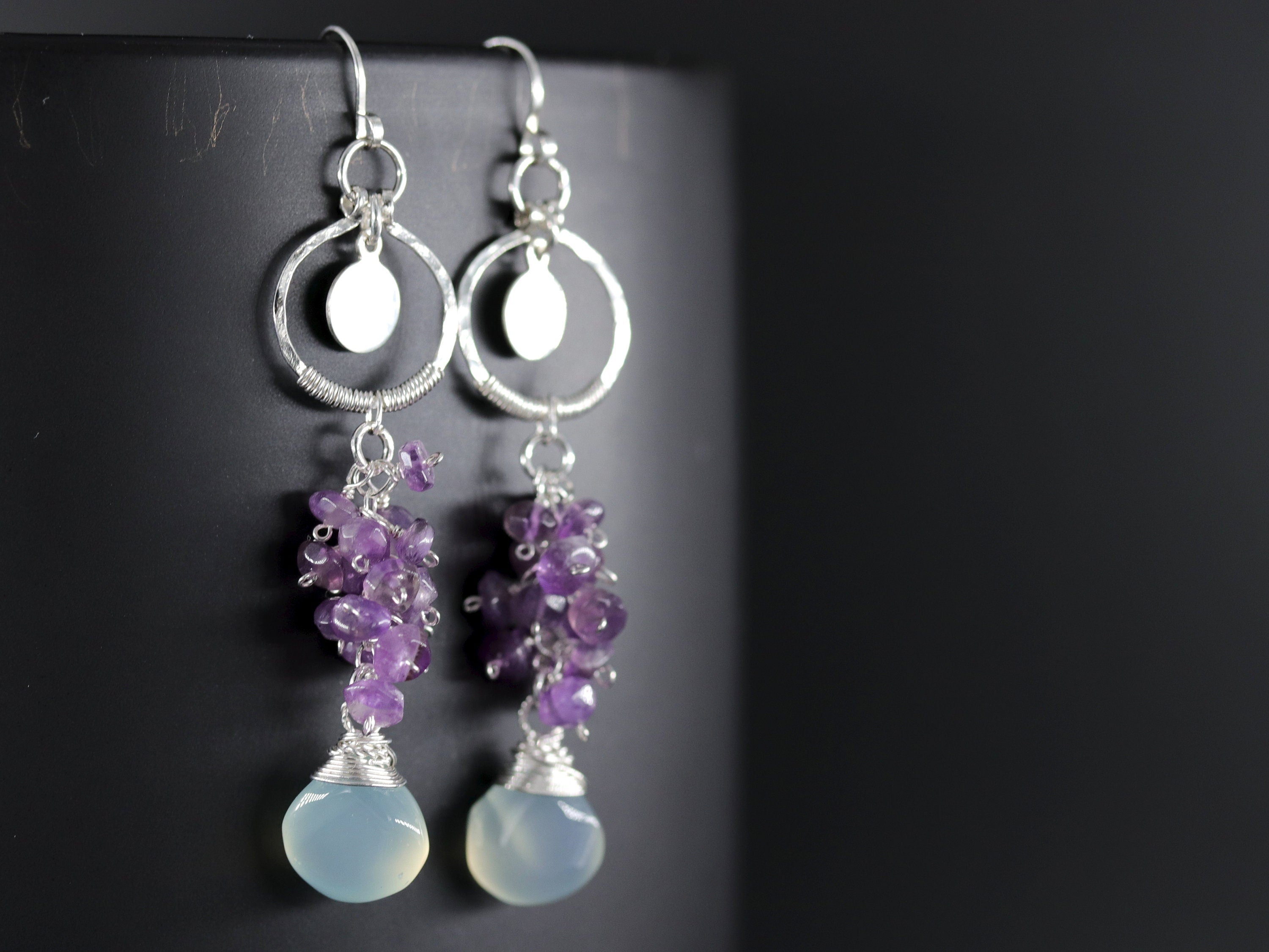 Aqua Chalcedony Amethyst Long Dangle Gemstone Earrings, Sterling Silver