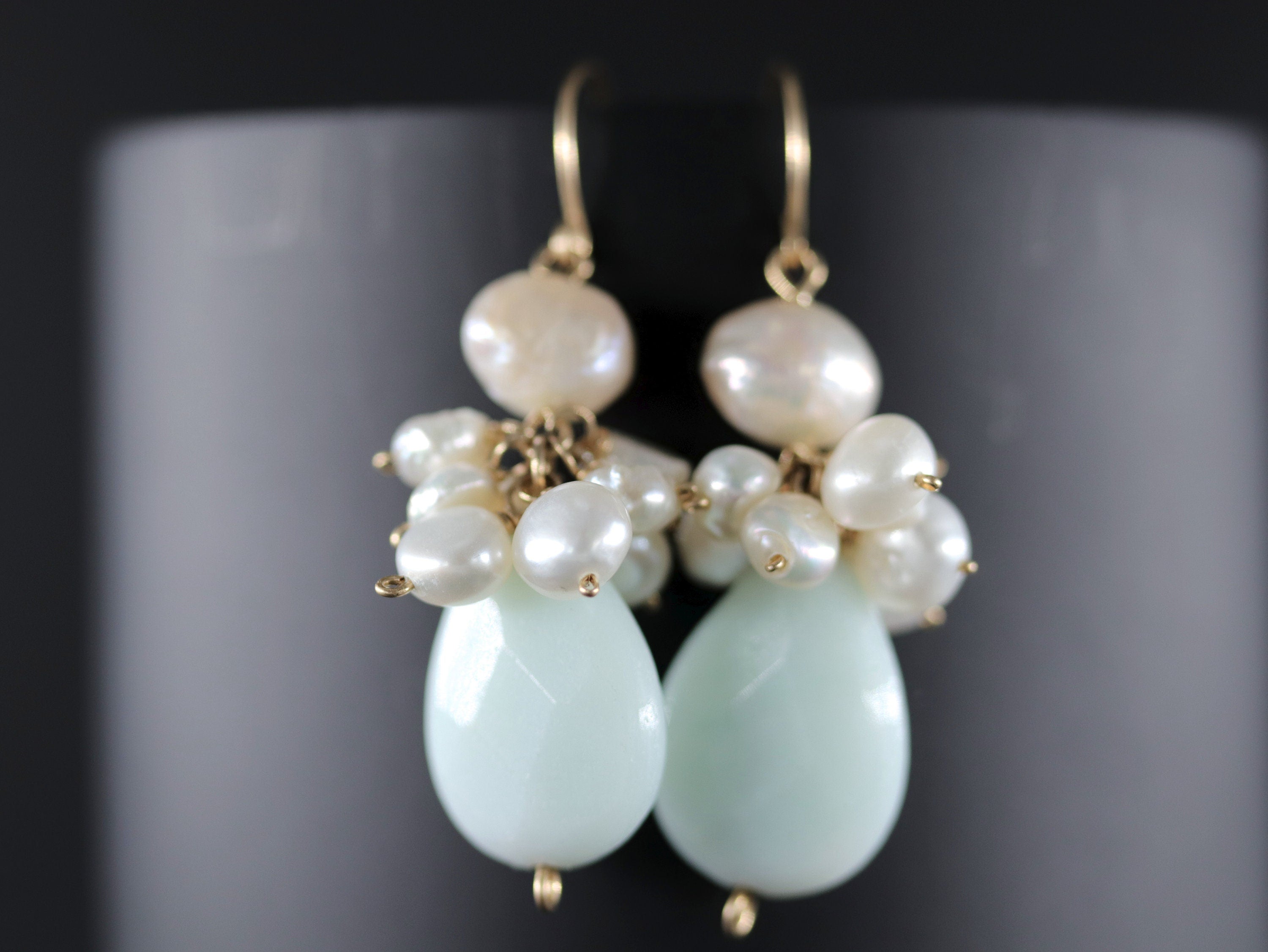 Amazonite Pearl Teardrop Earrings, 14K Gold Filled Dangle, Garden Wedding Jewelry