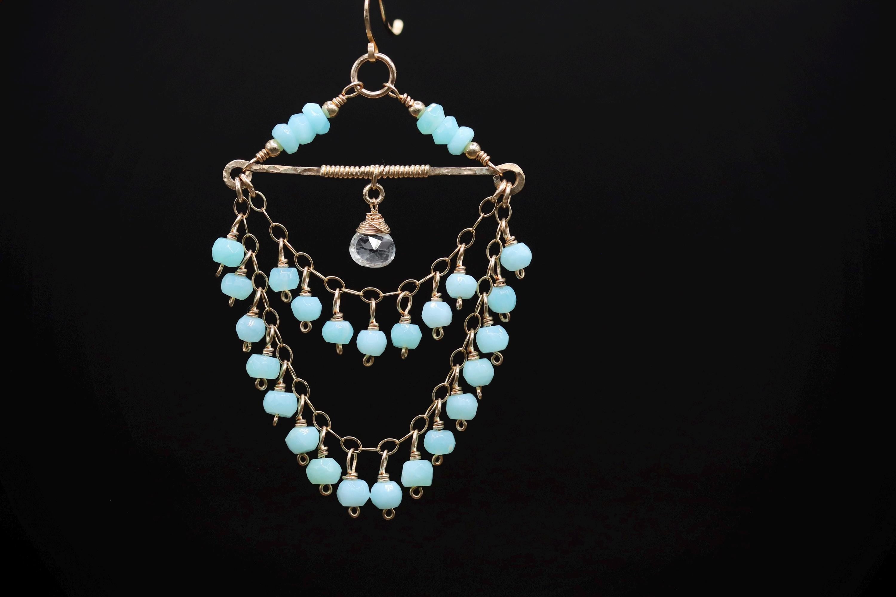Peruvian Blue Opal Tiered Fringe Chandelier Earrings, 14K Gold Filled Statement Bohemian Wedding Jewelry