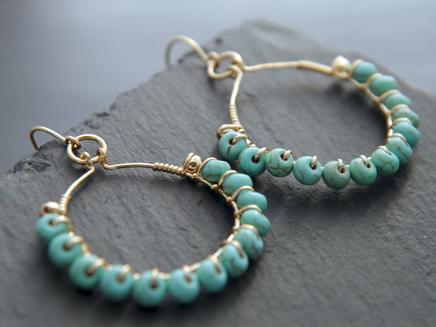 Turquoise Magnesite Hammered Texture Hoop Gemstone Earrings, 14K Gold Filled Summer Style
