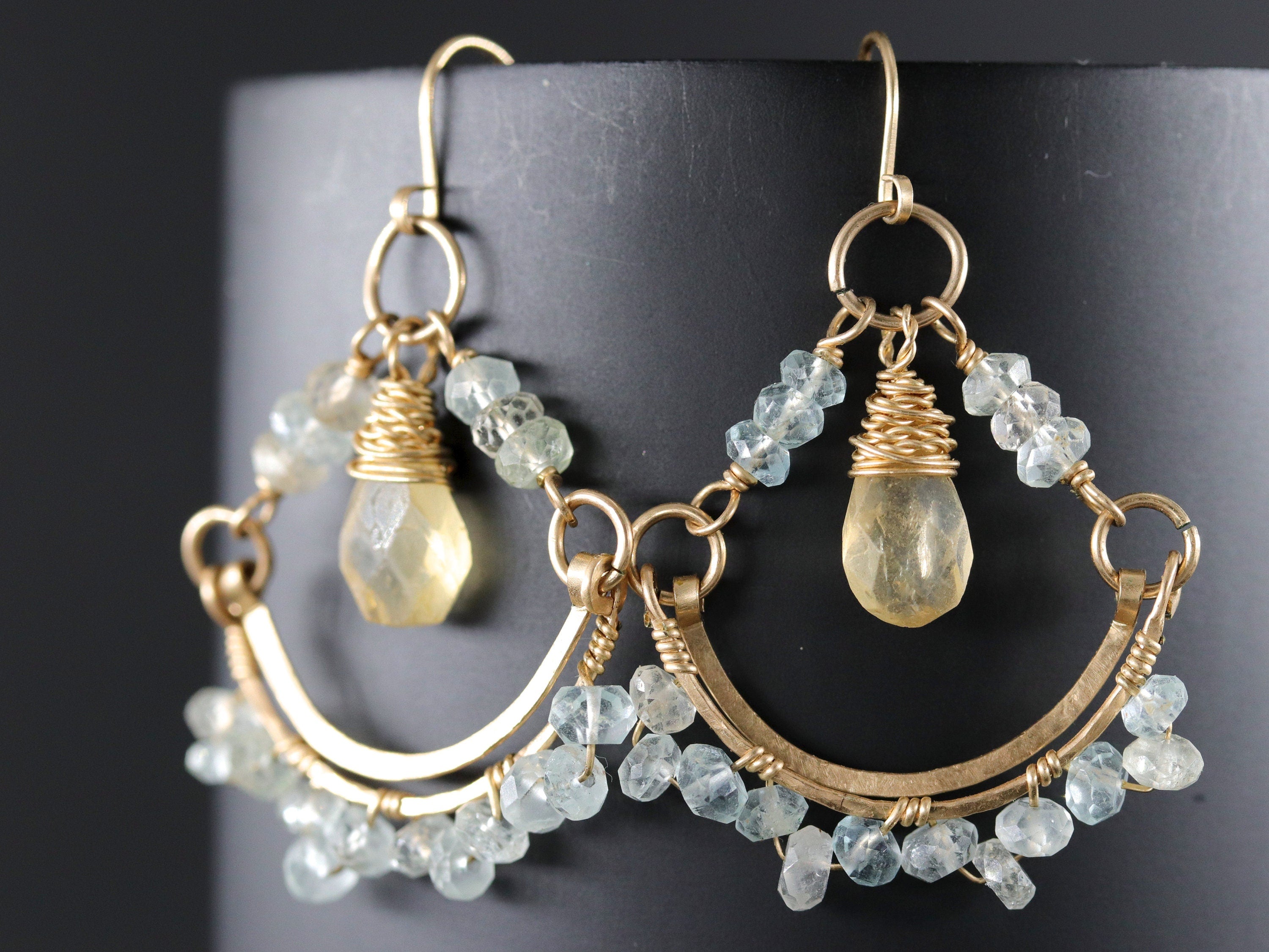 Aquamarine Citrine Floral Chandelier Gemstone Earrings, 14K Gold Filled Ethereal
