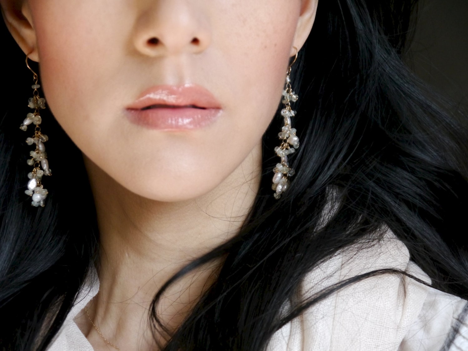 Pearl Aquamarine Long Dangle Floral Cluster Gemstone Earrings, 14K Gold Filled Bridal