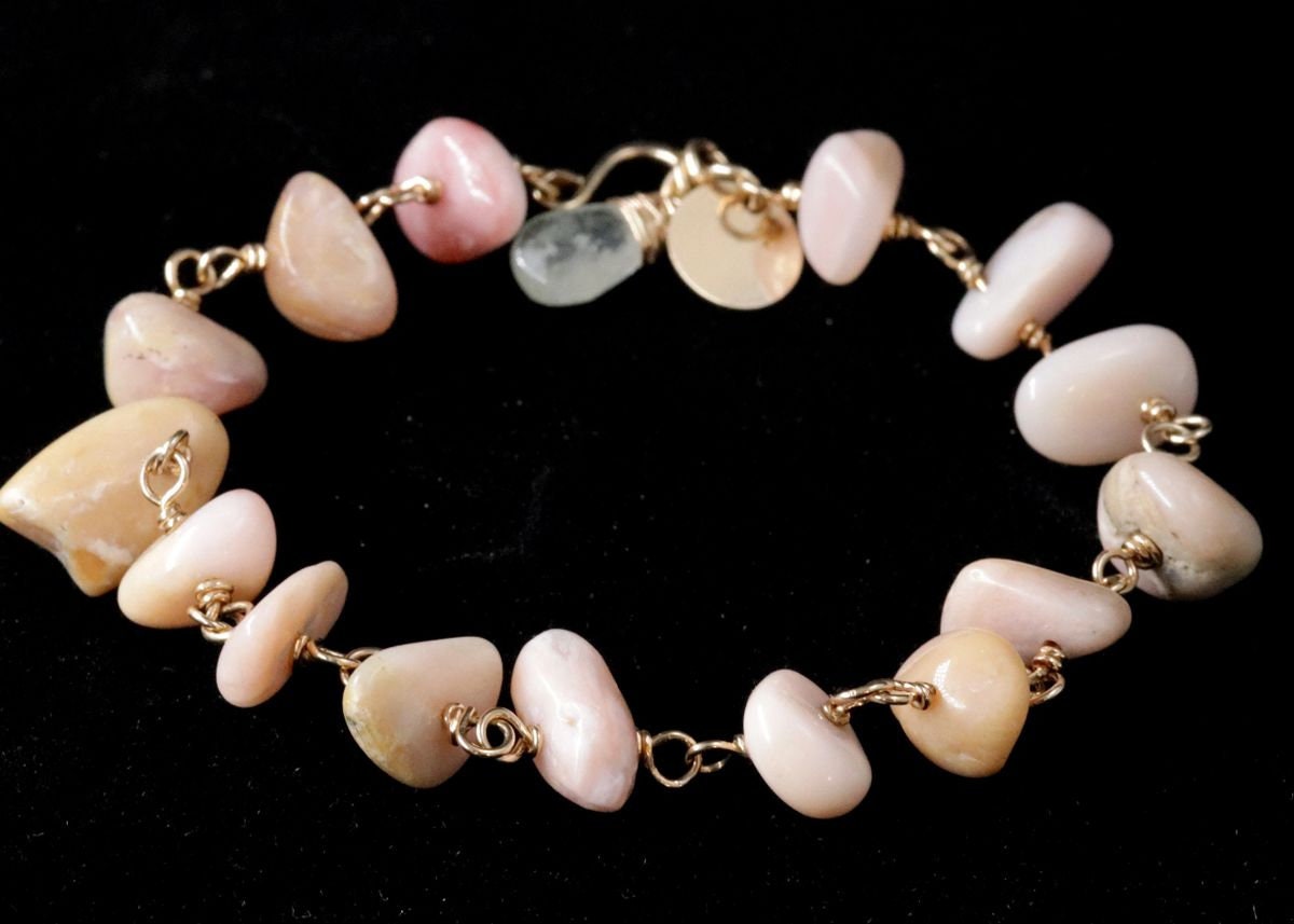 Pink Opal Aquamarine 14K Gold Filled Gemstone Bracelet, Pastel Beaded Jewelry