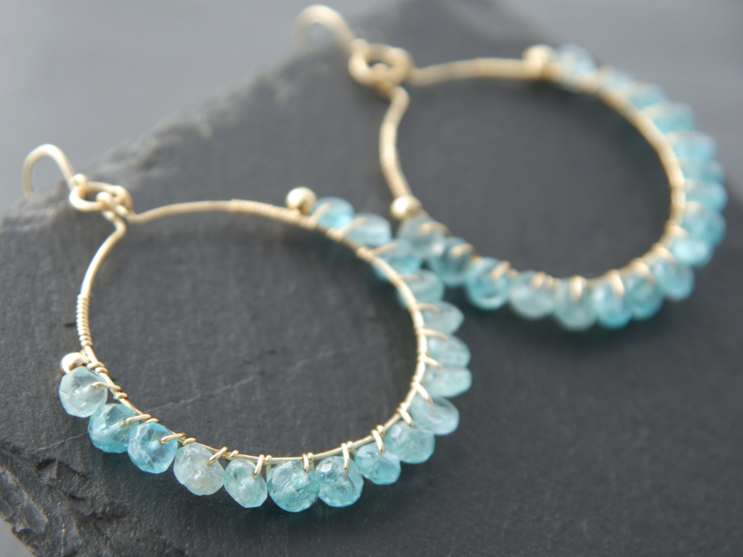 Wire Wrapped Apatite Hoop Gemstone Earrings, 14K Gold Filled Bohemian Chic