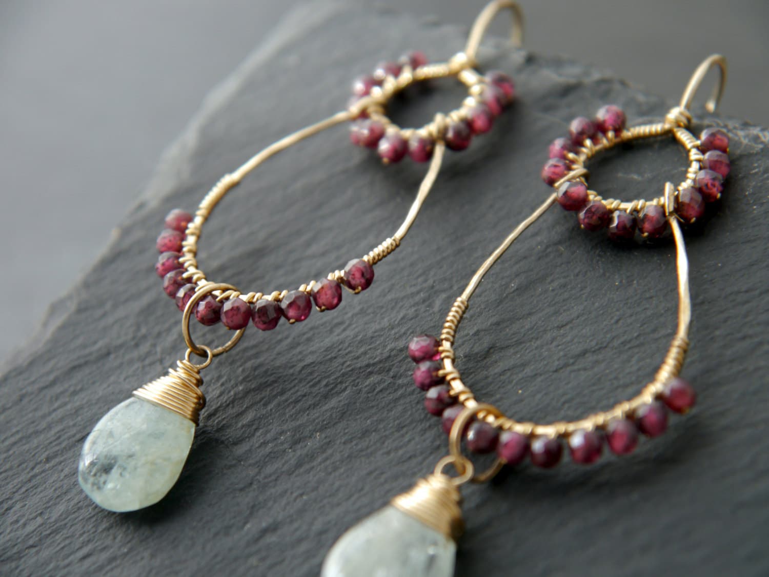 Aquamarine Garnet Chandelier Gemstone Earrings, 14K Gold Filled Botanical Design