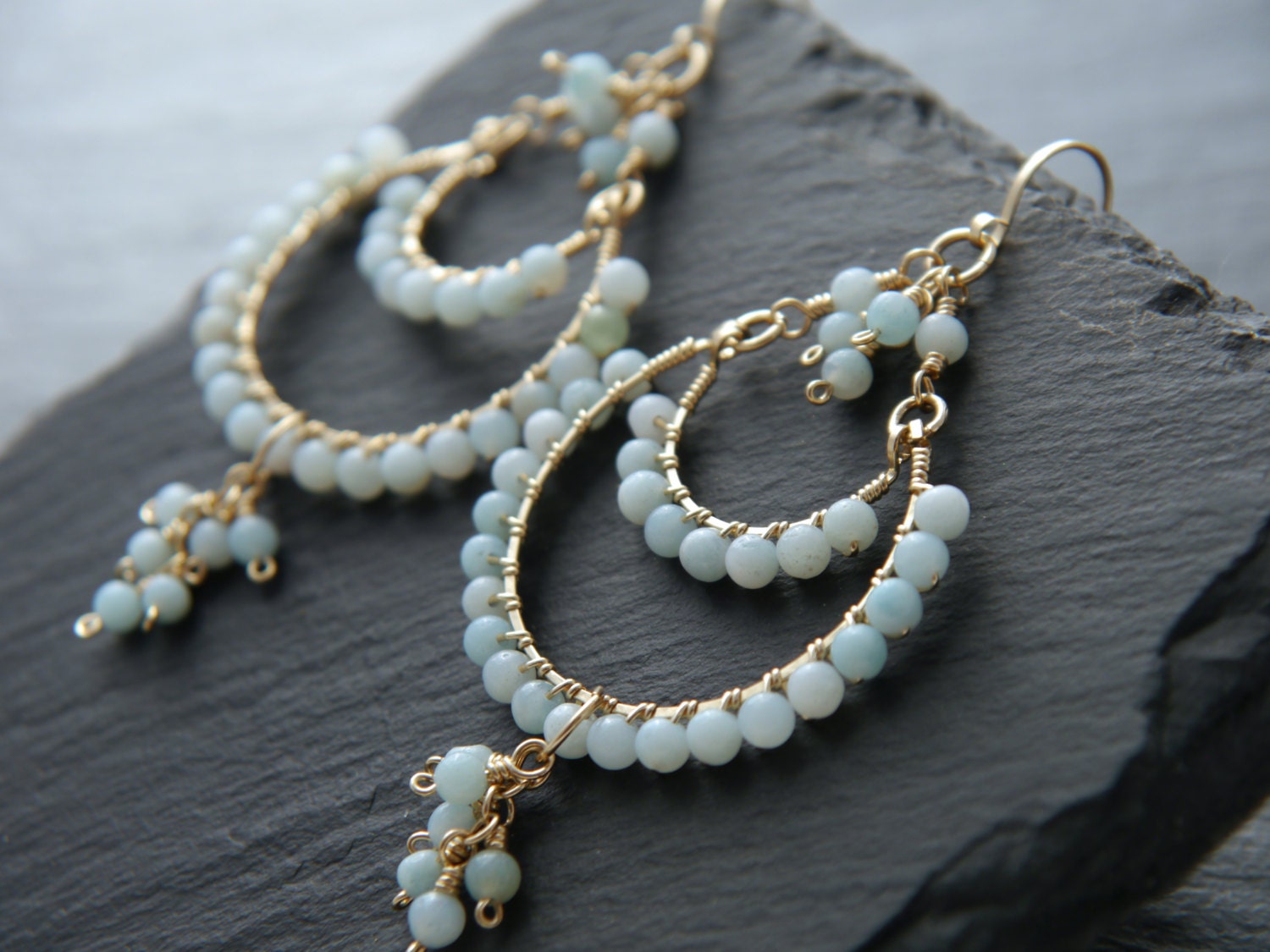 Amazonite Tiered Chandelier Earrings, 14K Gold Filled Layered Dangle, Bohemian Bridal