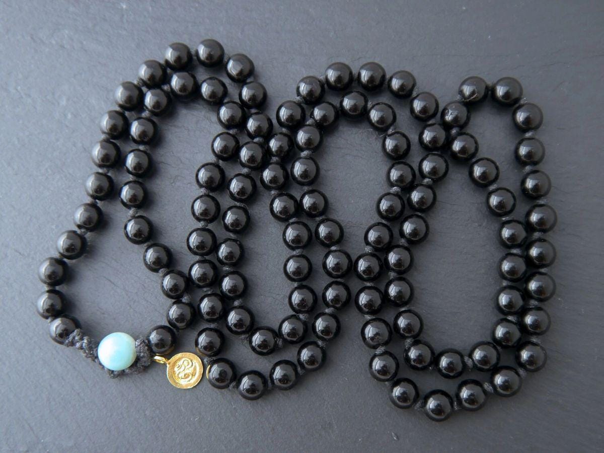 Black Obsidian M108 Mala Bead , Wrap, Hand Knotted Tibetan Prayer Beads