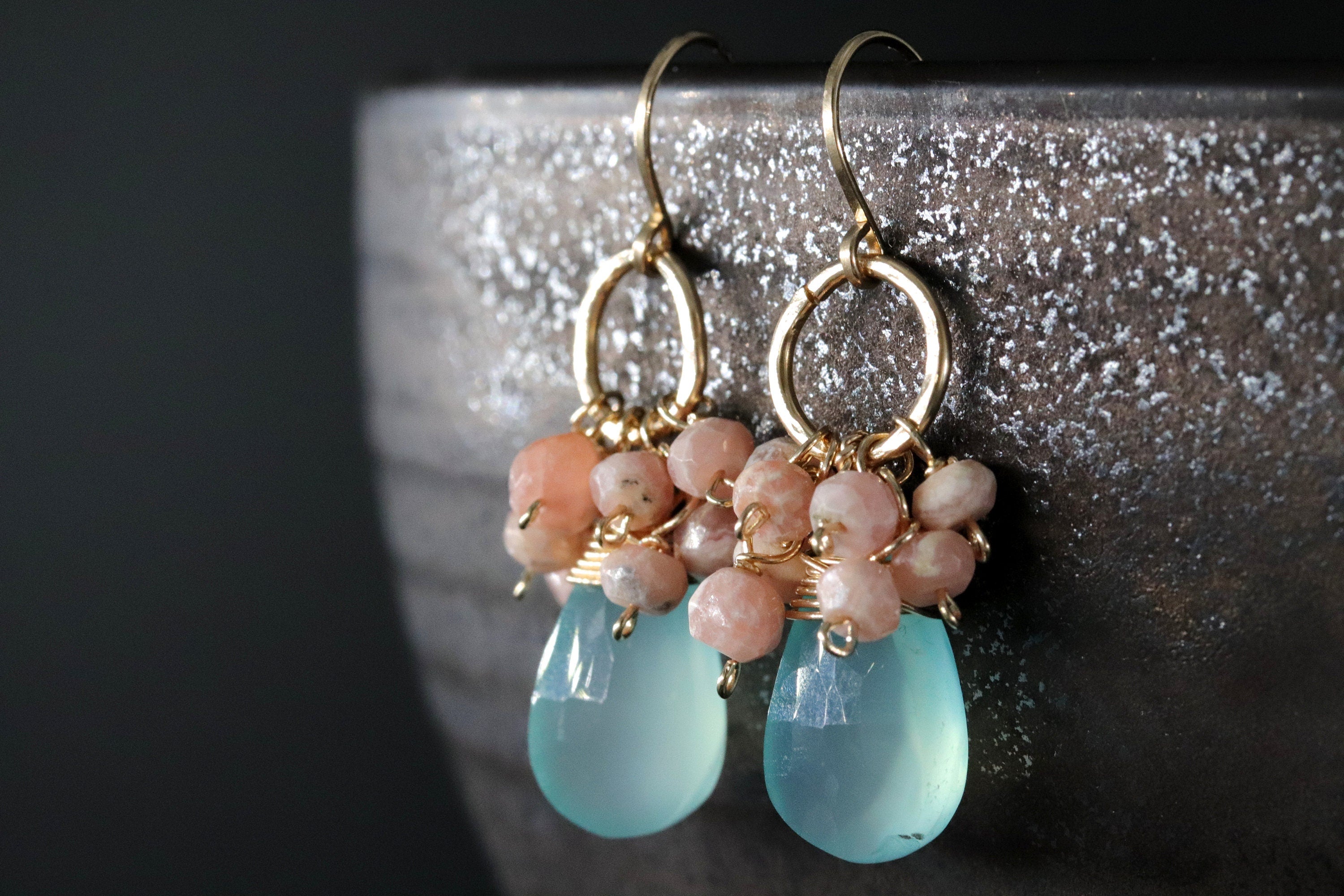 Aqua Chalcedony Pink Rhodonite Floral Cluster Gemstone Earrings, 14K Gold Filled