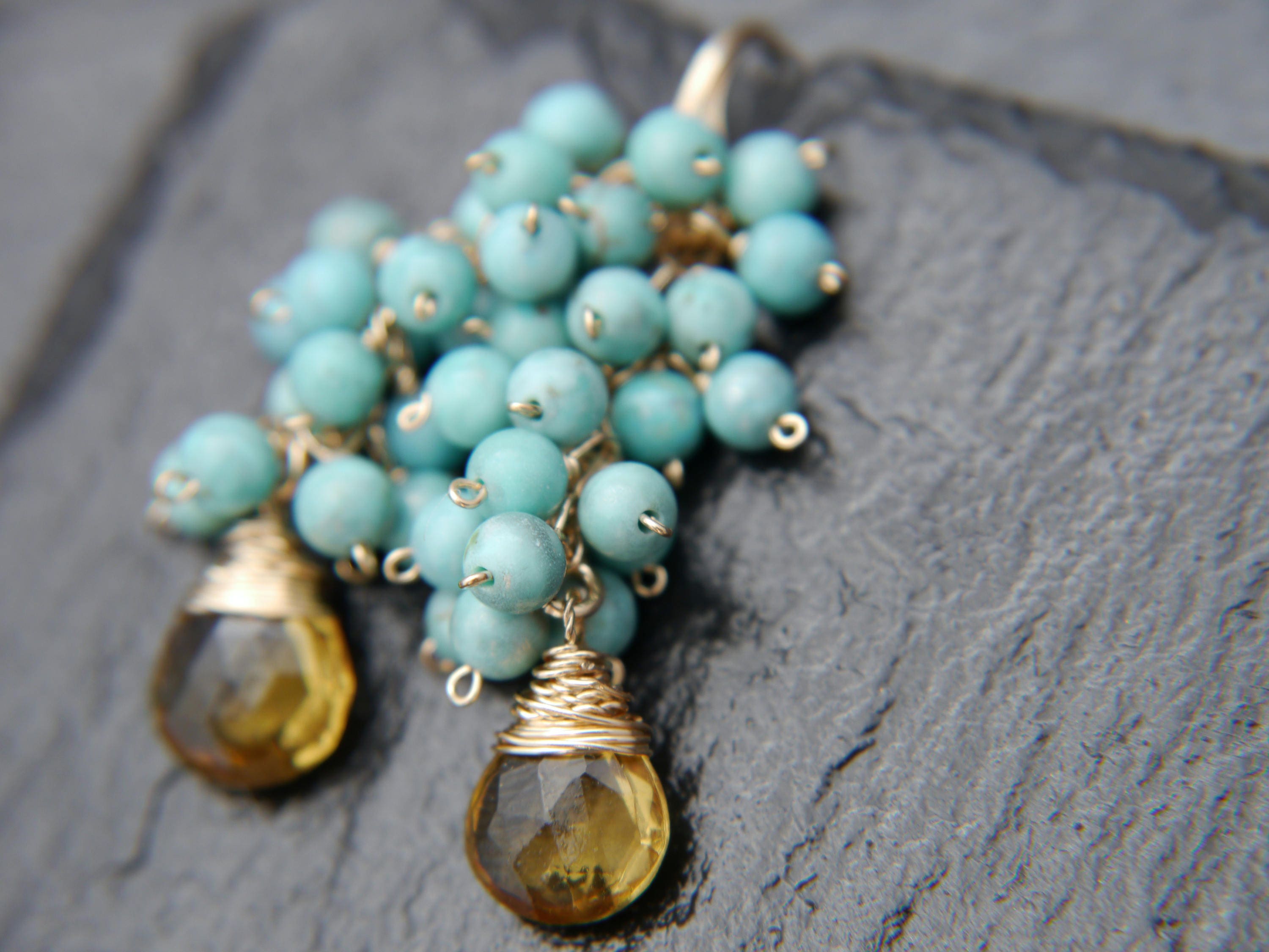 Beer Quartz Turquoise Magnesite Cluster, Gemstone Earrings, 14K Gold Filled Bohemian Jewelry